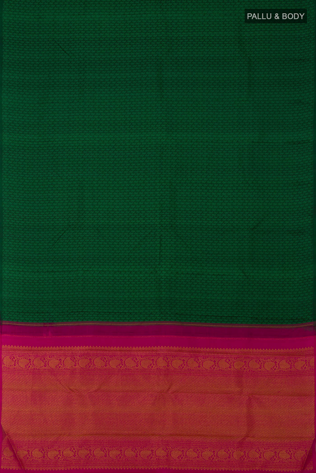 Flat view of Green Kanchipuram Saree with Partli on the body and Without Border. 