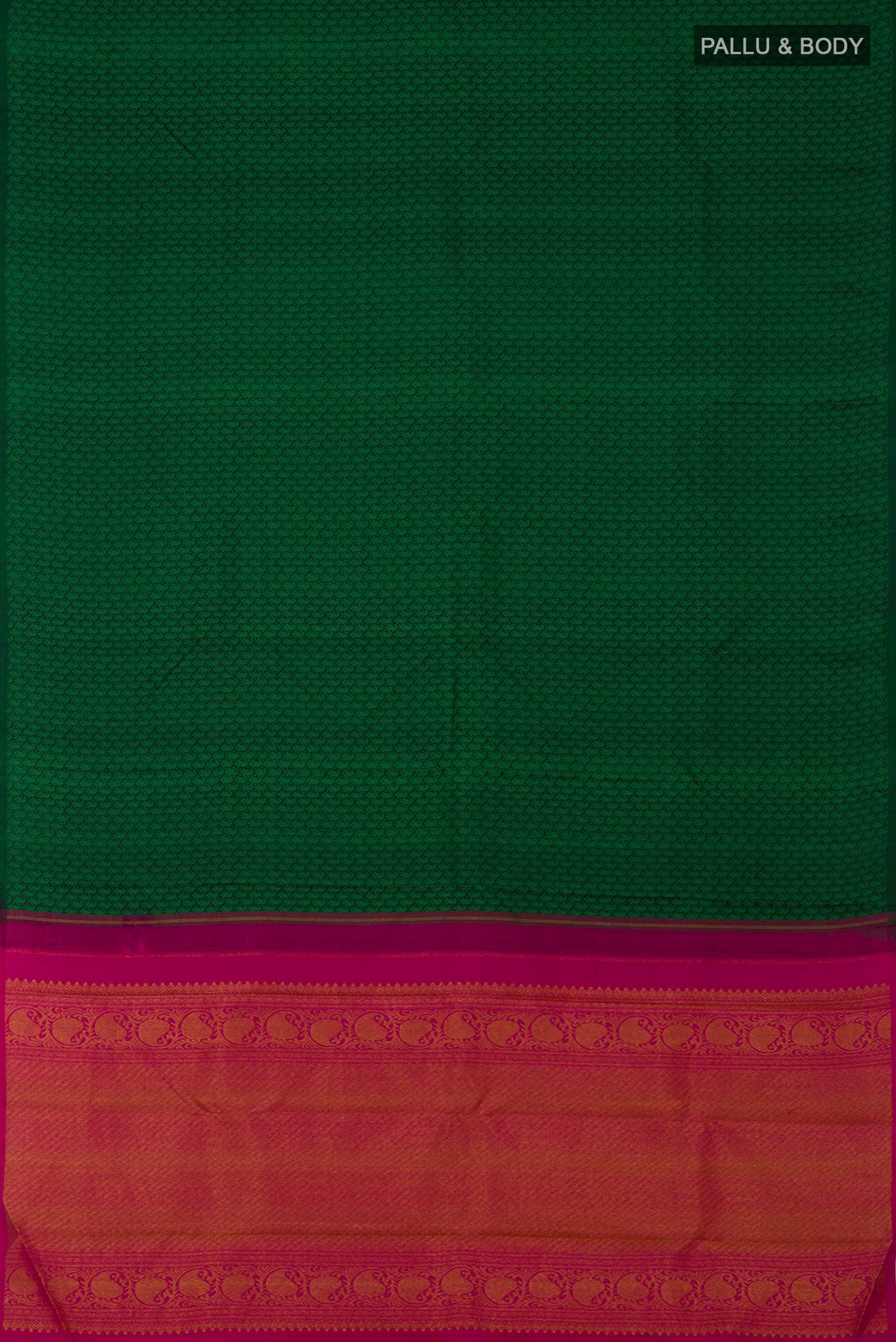 Flat view of Green Kanchipuram Saree with Partli on the body and Without Border. 