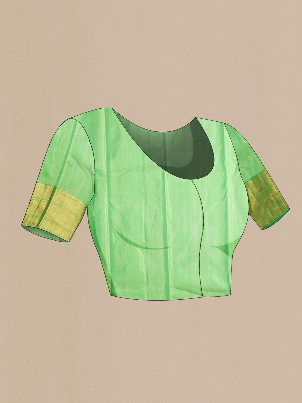 Close up image of the blouse of Green Kanchipuram Silk Saree with Zari Butta on the body and Zari Border