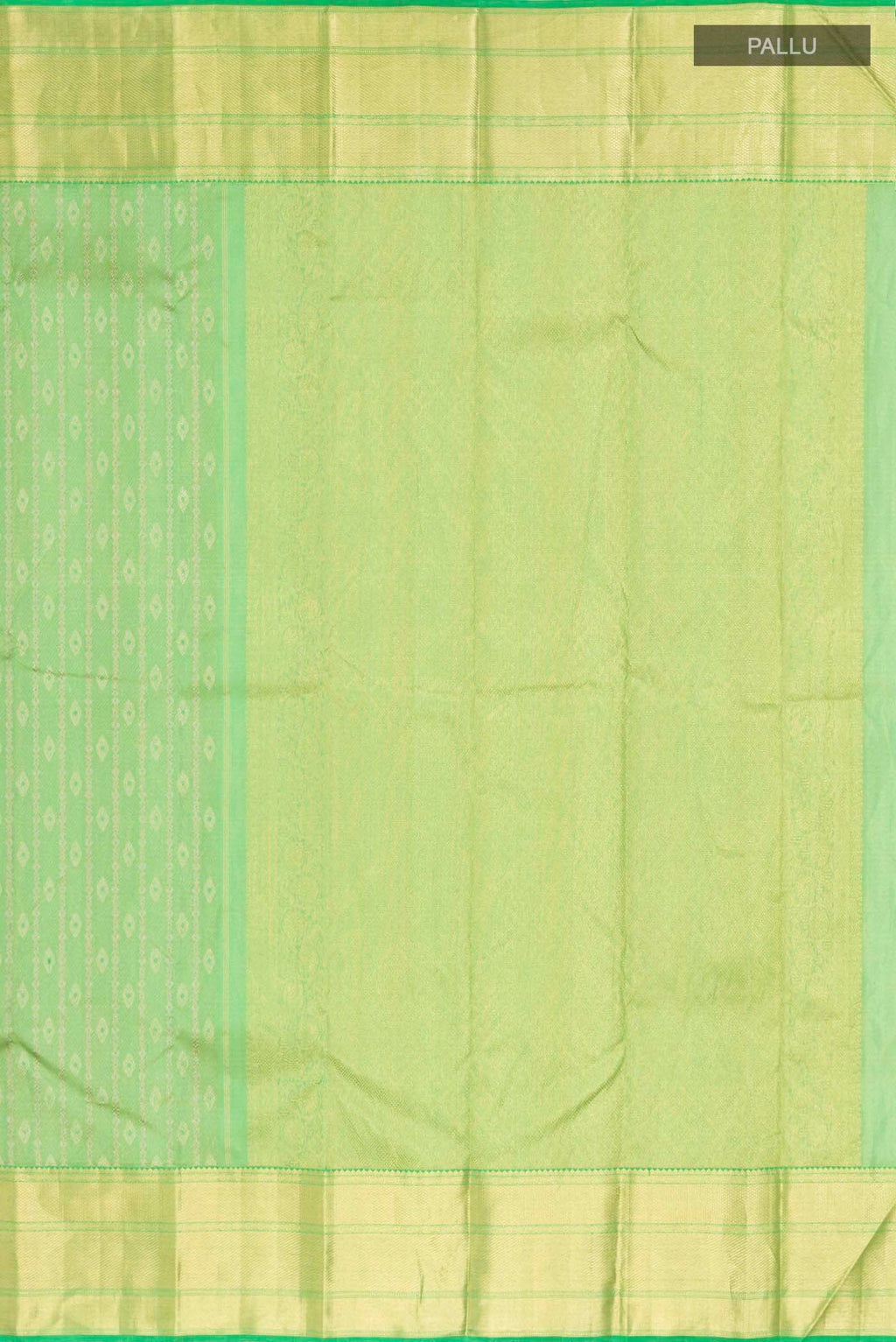 Close up image of the pallu of Green Kanchipuram Silk Saree with Zari Butta on the body and Zari Border