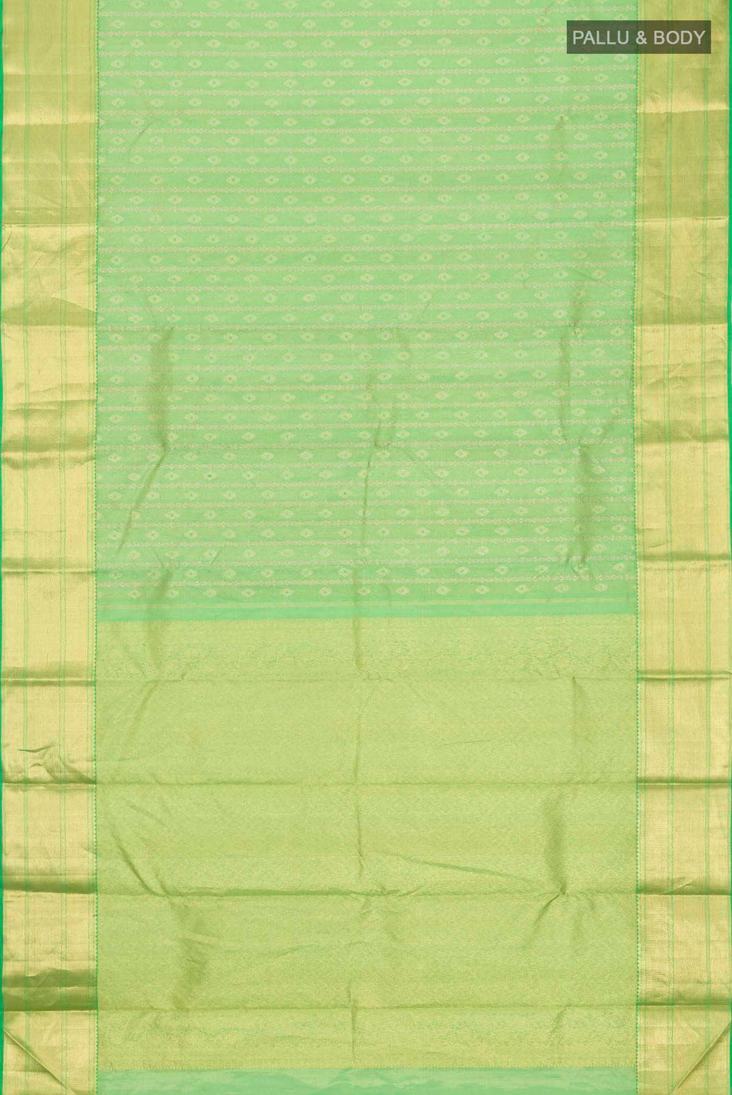 Flat view of Green Kanchipuram Silk Saree with Zari Butta on the body and Zari Border