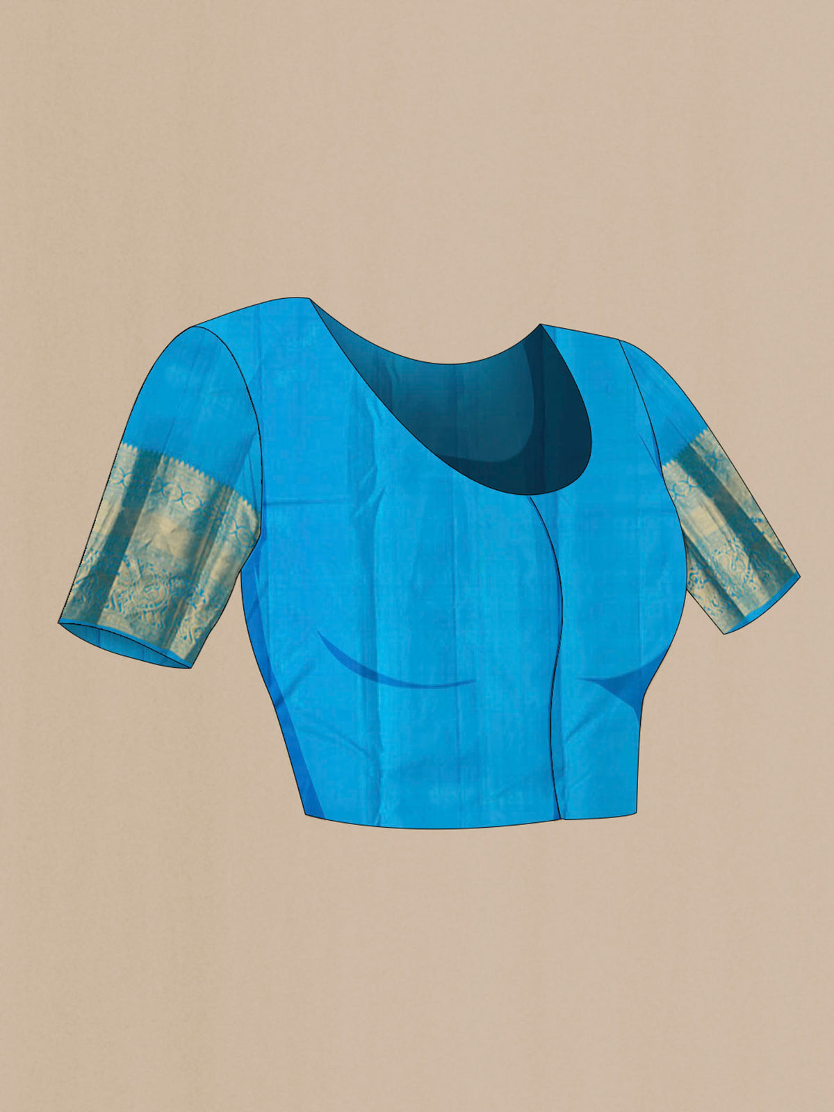 Close up image of the blouse of Blue Kanchipuram Silk Saree with Jacquard design on the body and Zari Border
