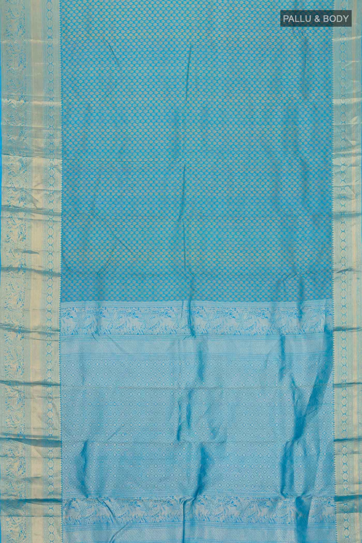 Flat view of Blue Kanchipuram Silk Saree with Jacquard design on the body and Zari Border