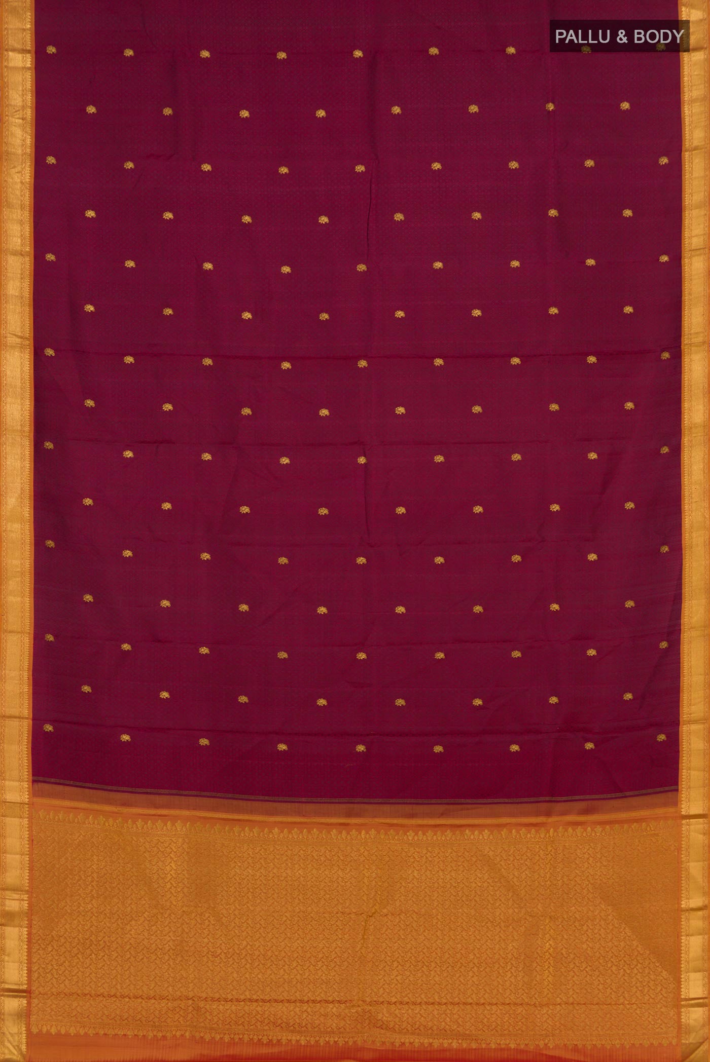 Flat view of Maroon Kanchipuram Saree with Jacquard With Zari Butta on the body and Zari Border. 