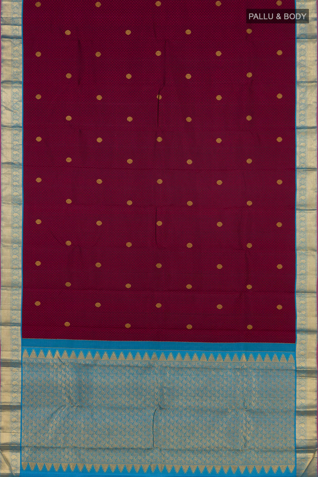 Flat view of Maroon Kanjivaram Saree with Jacquard With Zari Butta on the body and Zari Border. 