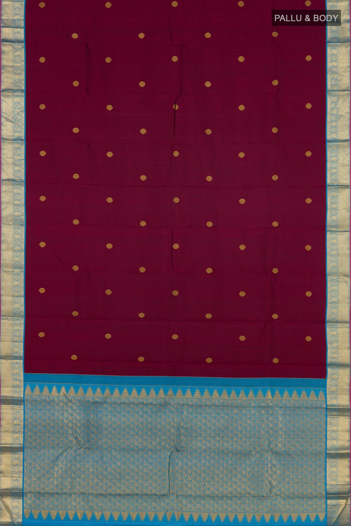 Flat view of Maroon Kanjivaram Saree with Jacquard With Zari Butta on the body and Zari Border. 