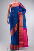 Blue Kanchipuram Silk Saree with Jacquard With Zari Butta on the body and Zari Border displayed on a mannequin