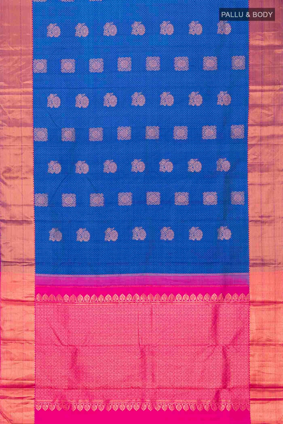 Flat view of Blue Kanchipuram Silk Saree with Jacquard With Zari Butta on the body and Zari Border