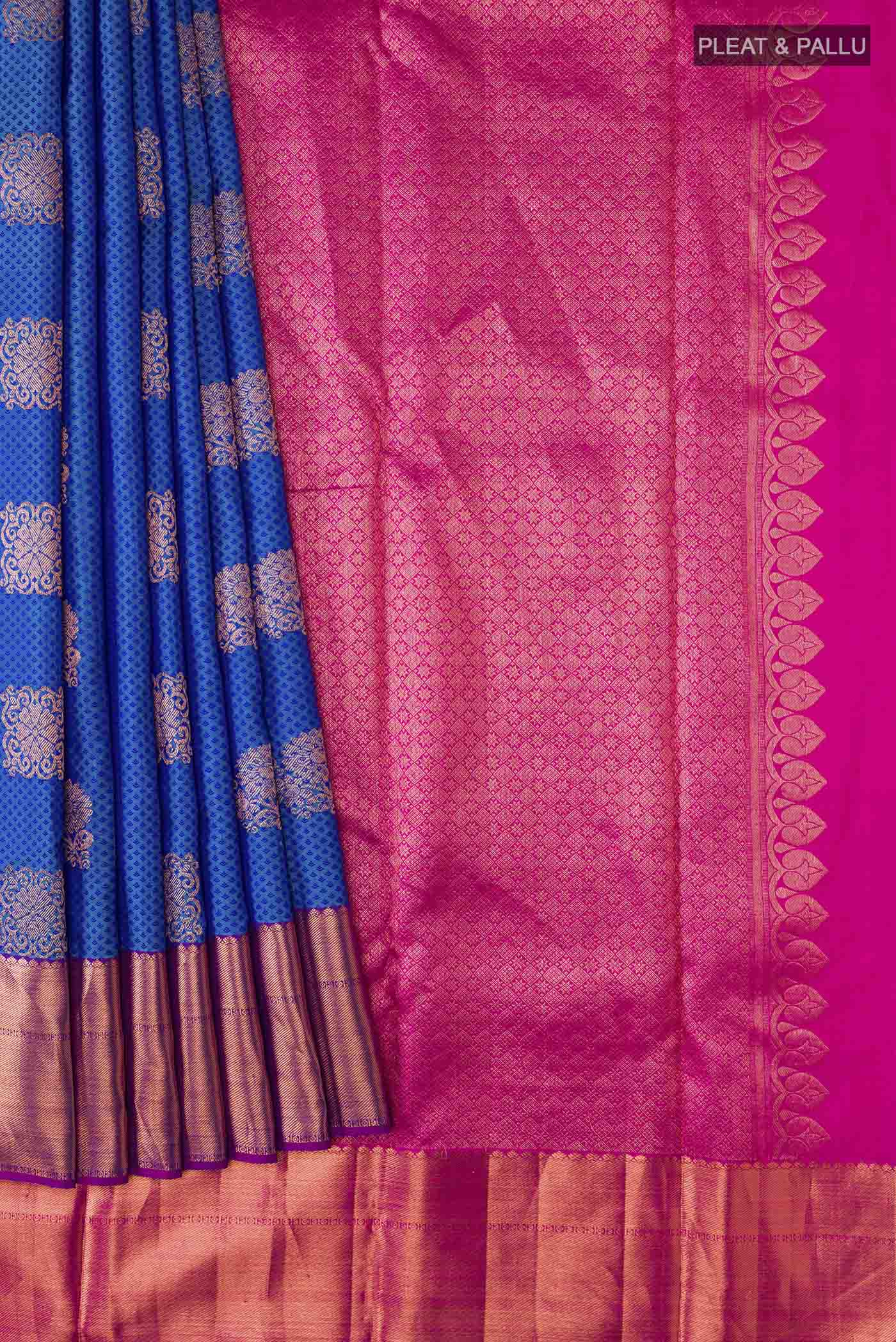 Pleats and pallu of Blue Kanchipuram Silk Saree with Jacquard With Zari Butta on the body and Zari Border