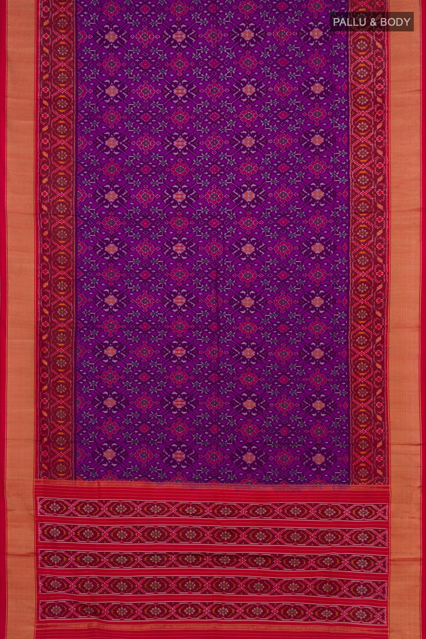 Flat view of Purple Pochampally Silk Saree with Ikat design on the body and Zari Border. 