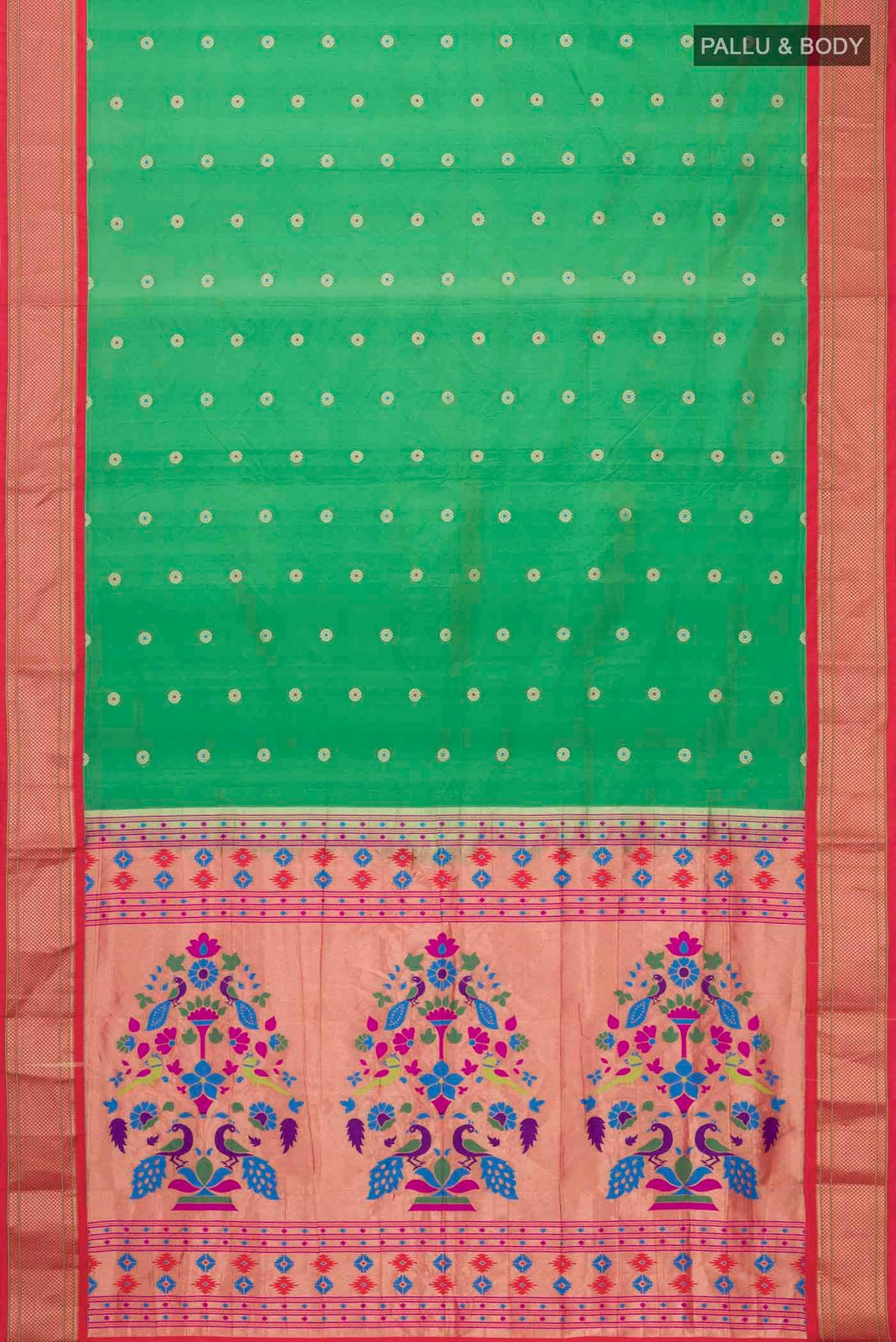 Flat view of Green Blended Bangalore Silk Saree with Zari Butta on the body and Zari Border