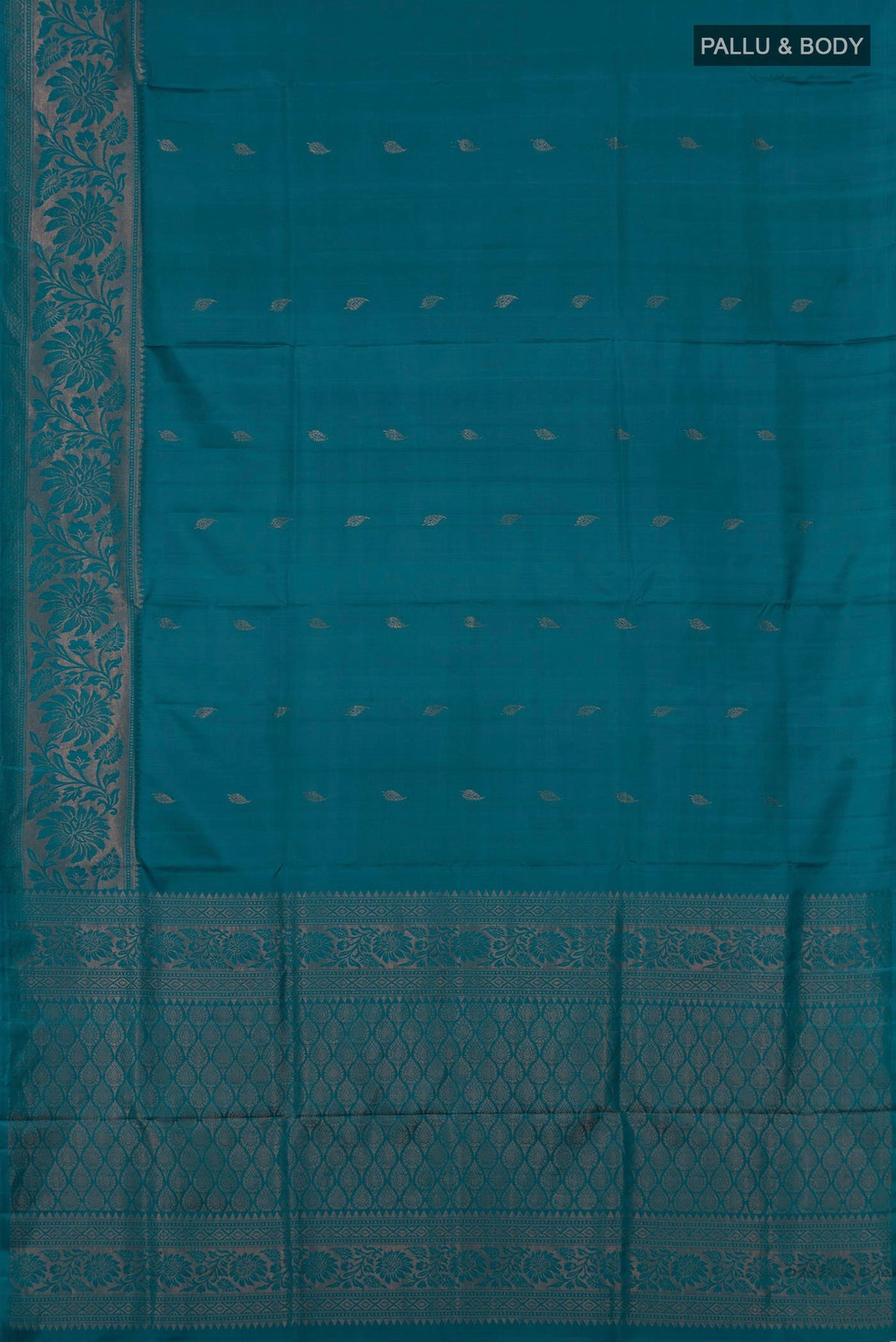 Flat view of Blue Soft Silk Saree with Zari Butta on the body and Fancy Border. 