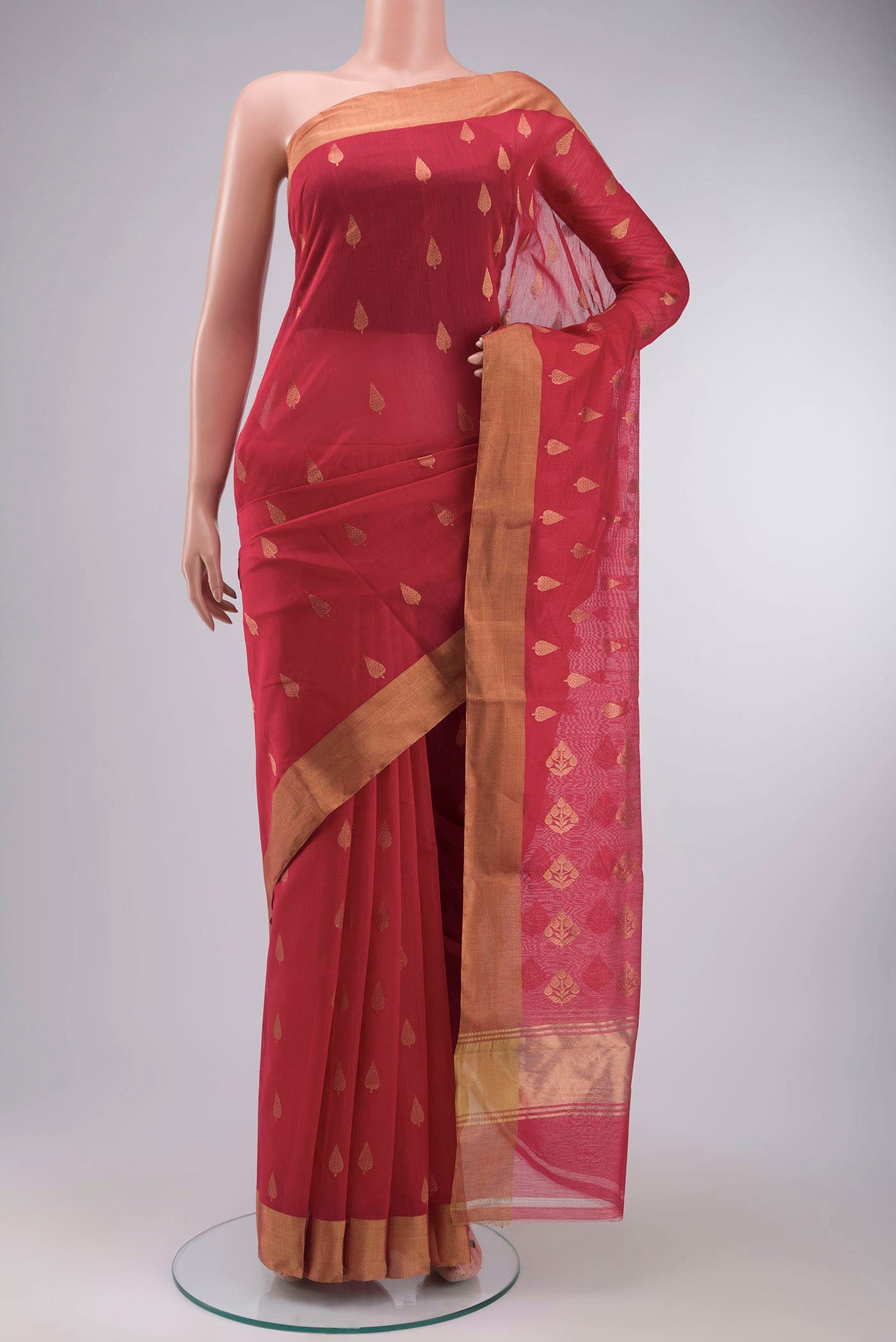 Red Chanderi Silk Saree with Zari Butta on the body and Zari Border displayed on a mannequin