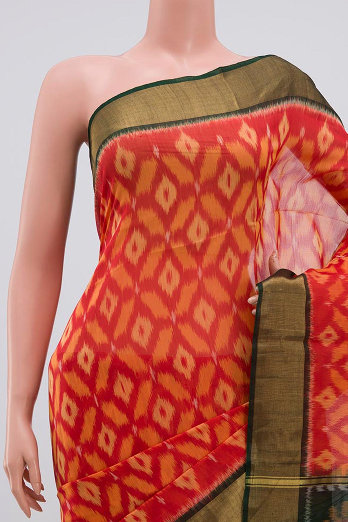 Border image of Pink Coimbatore Silk Cotton Saree with Ikat Print on the body and Zari Border. 