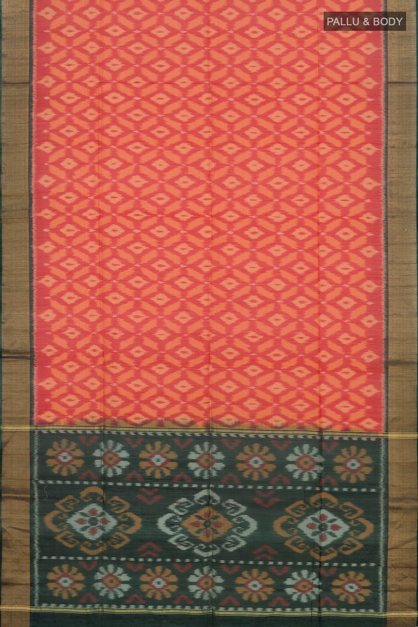 Flat view of Pink Coimbatore Silk Cotton Saree with Ikat Print on the body and Zari Border. 