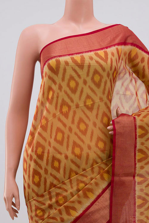 Border image of Beige Coimbatore Silk Cotton Saree with Ikat Print on the body and Zari Border. 
