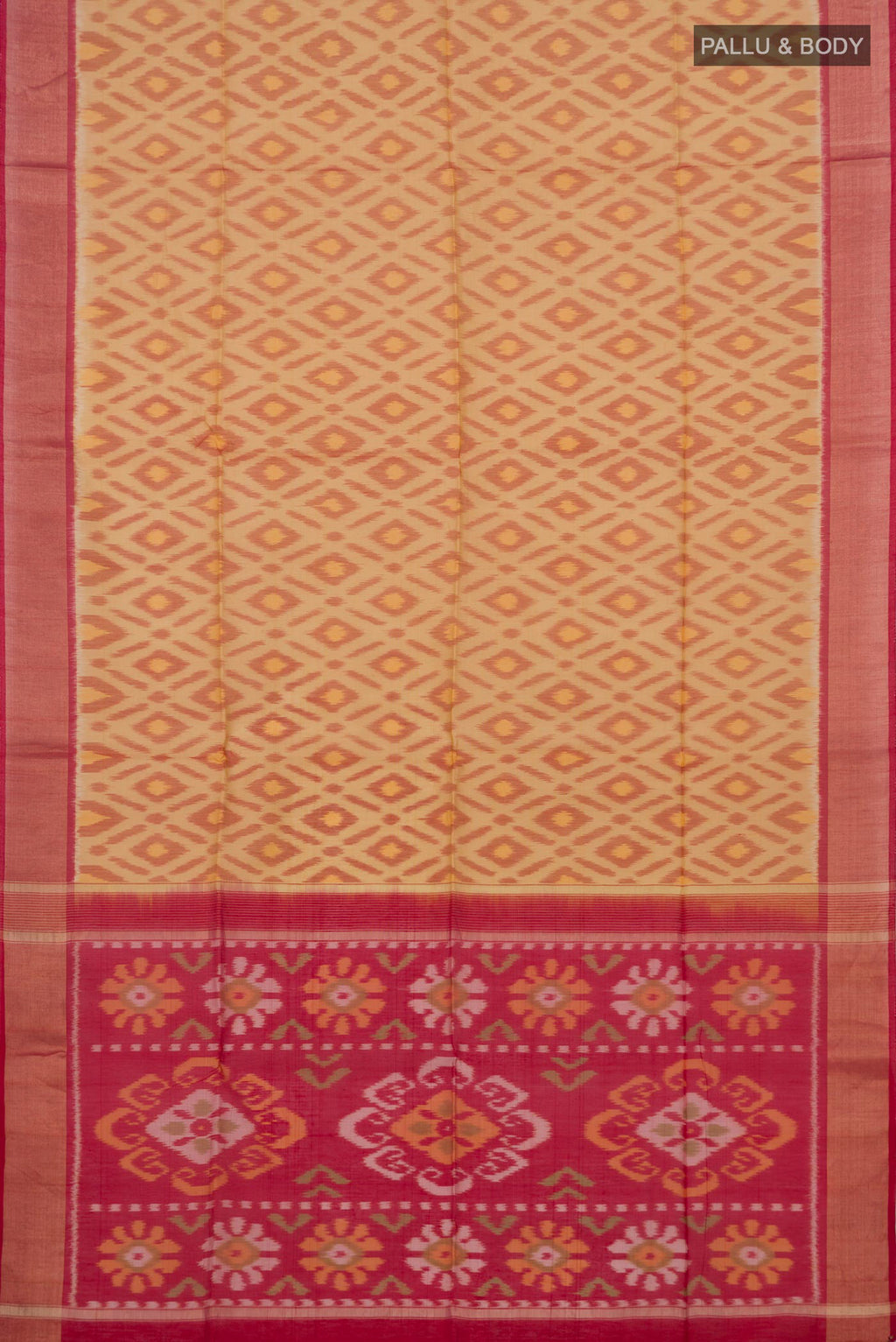 Flat view of Beige Coimbatore Silk Cotton Saree with Ikat Print on the body and Zari Border. 
