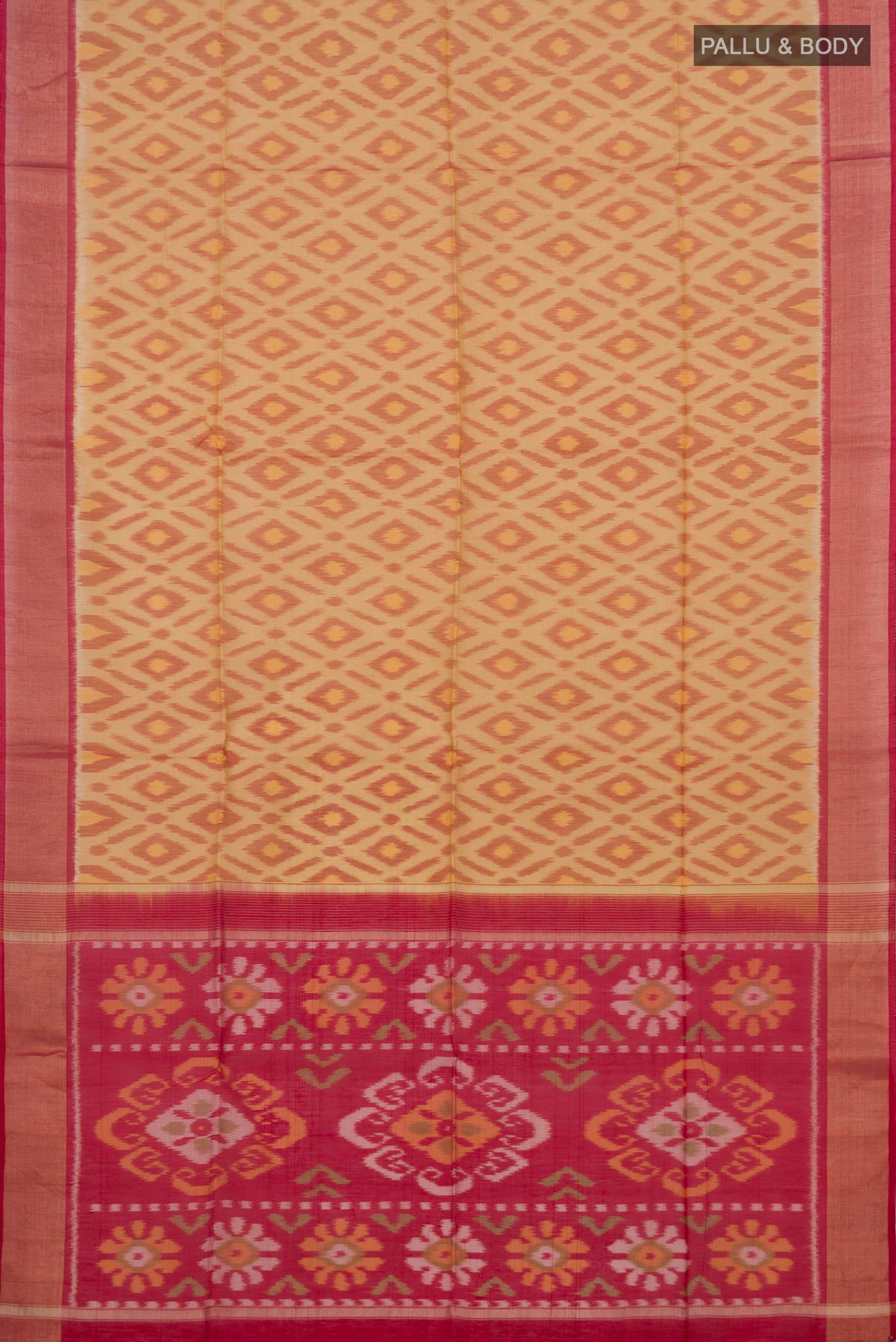 Flat view of Beige Coimbatore Silk Cotton Saree with Ikat Print on the body and Zari Border. 