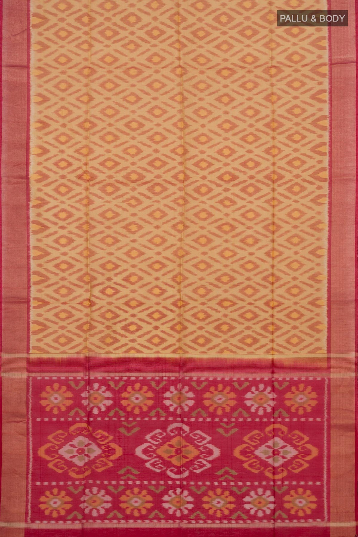 Flat view of Beige Coimbatore Silk Cotton Saree with Ikat Print on the body and Zari Border. 
