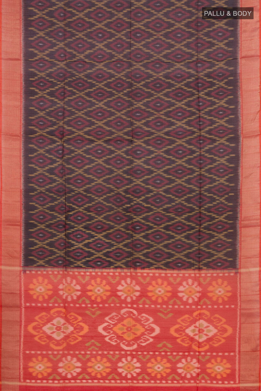 Flat view of Black Coimbatore Silk Cotton Saree with Ikat Print on the body and Zari Border. 