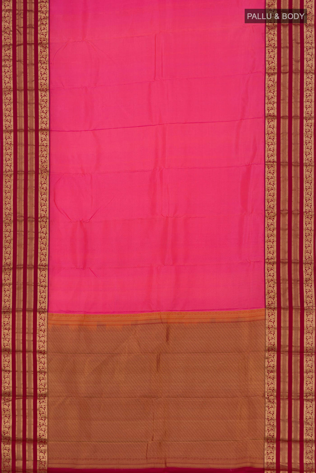 Flat view of Pink Kanchipuram Silk Saree with Plain Body and Zari Border. 