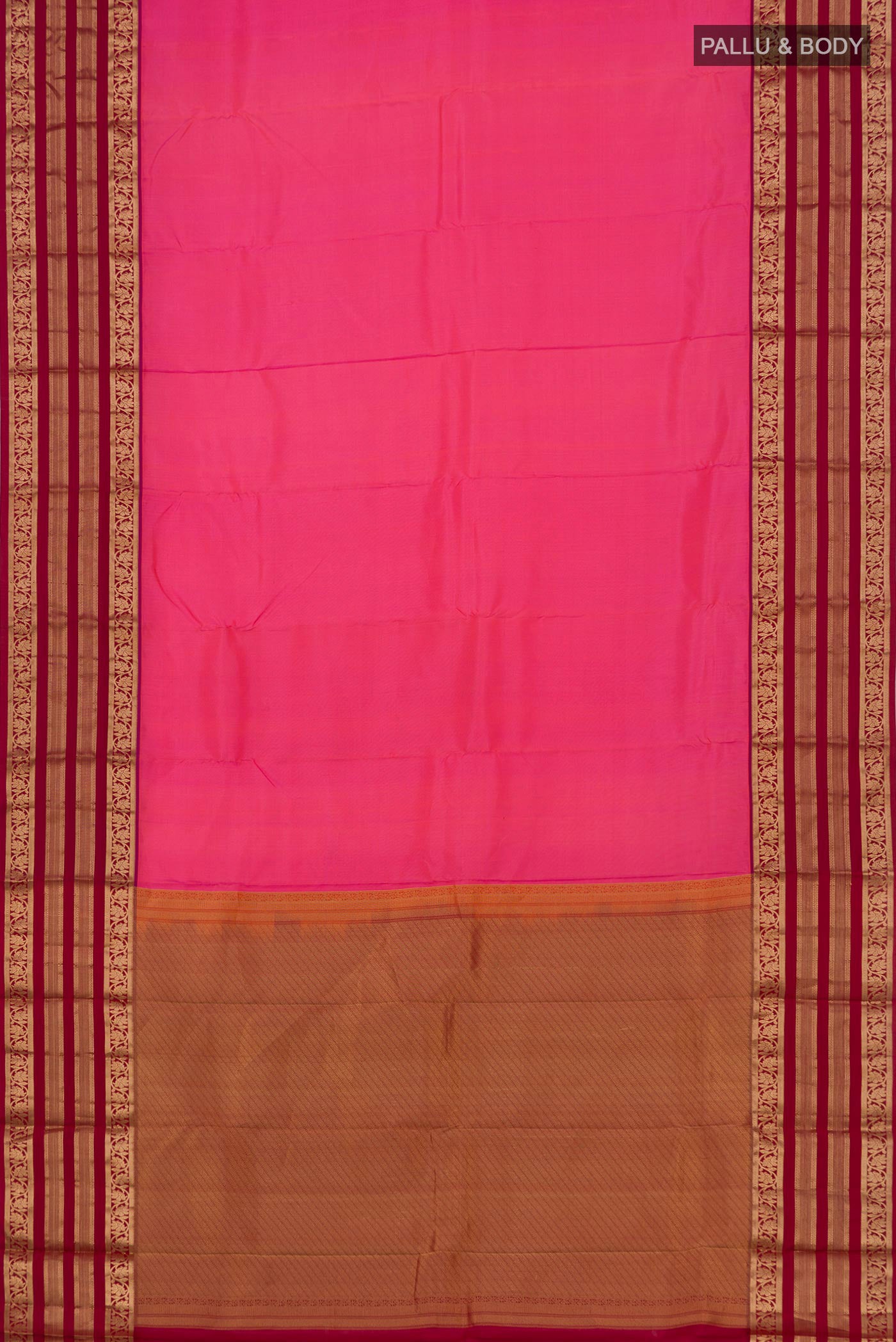 Flat view of Pink Kanchipuram Silk Saree with Plain Body and Zari Border. 