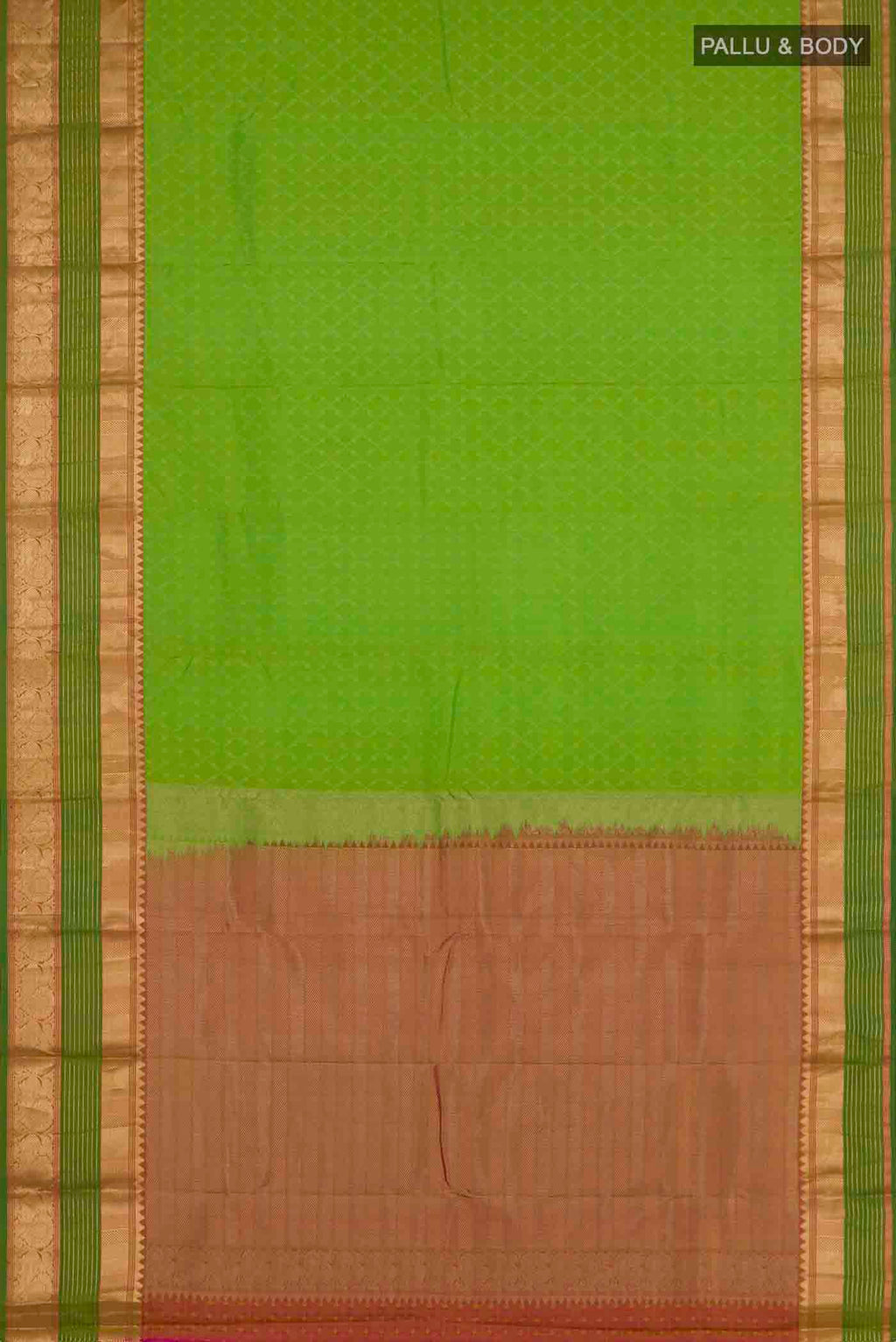 Flat view of Parrot Green Kanchipuram Silk Saree with Jacquard With Zari Butta on the body and Silk Border