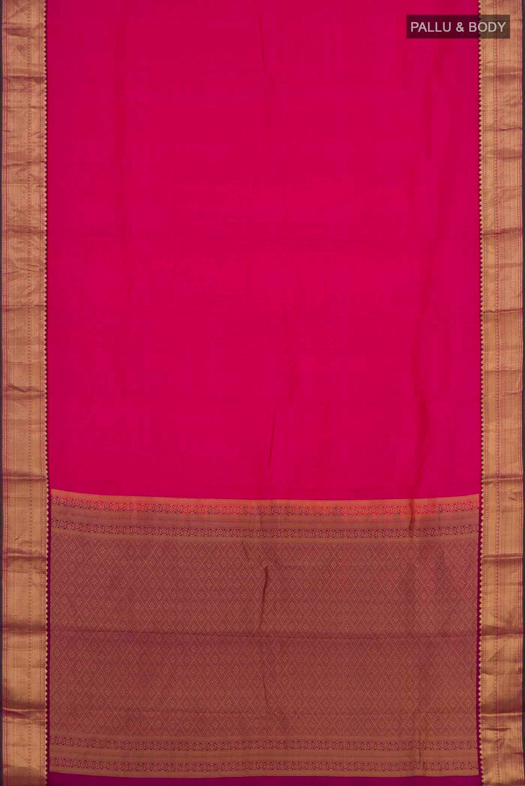 Flat view of Rani Pink Kanchipuram Silk Saree with Jacquard design on the body and Zari Border