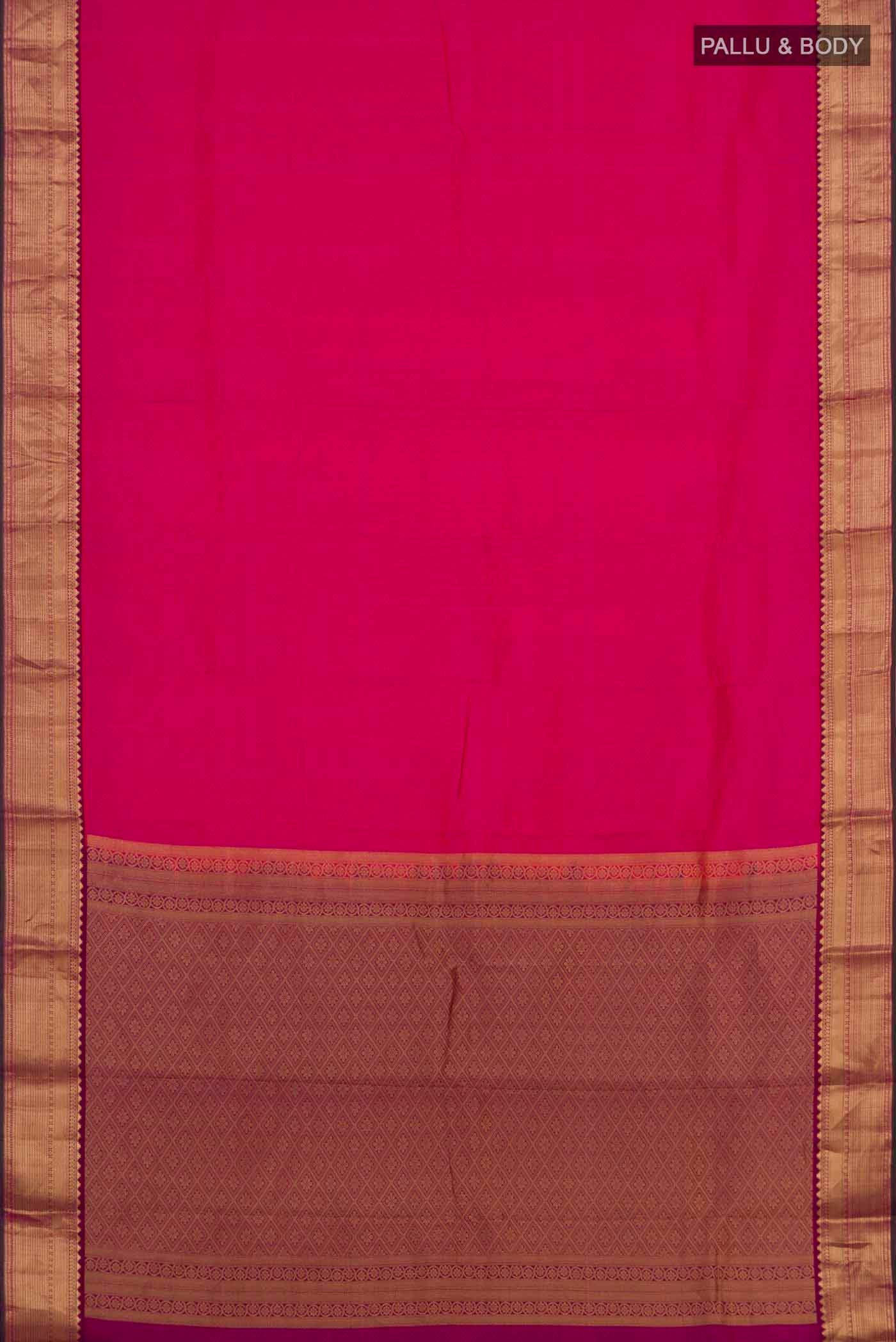 Flat view of Rani Pink Kanchipuram Silk Saree with Jacquard design on the body and Zari Border