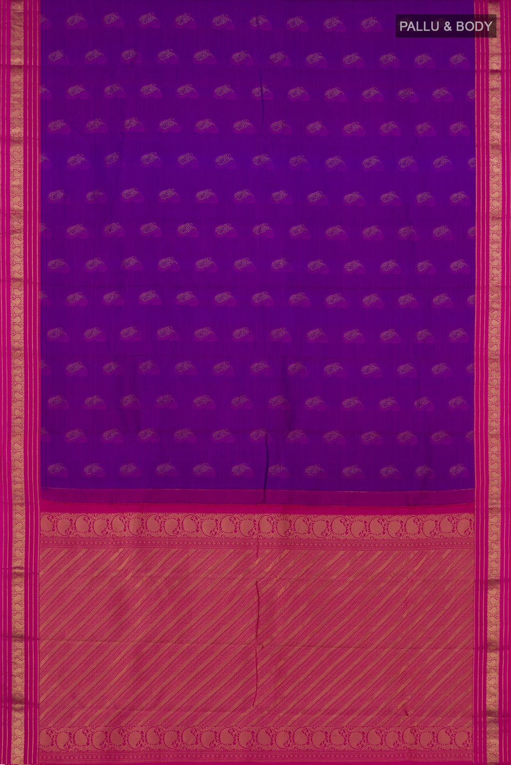 Flat view of Purple Kanchipuram Saree with Jacquard With Zari Butta on the body and Zari Border. 