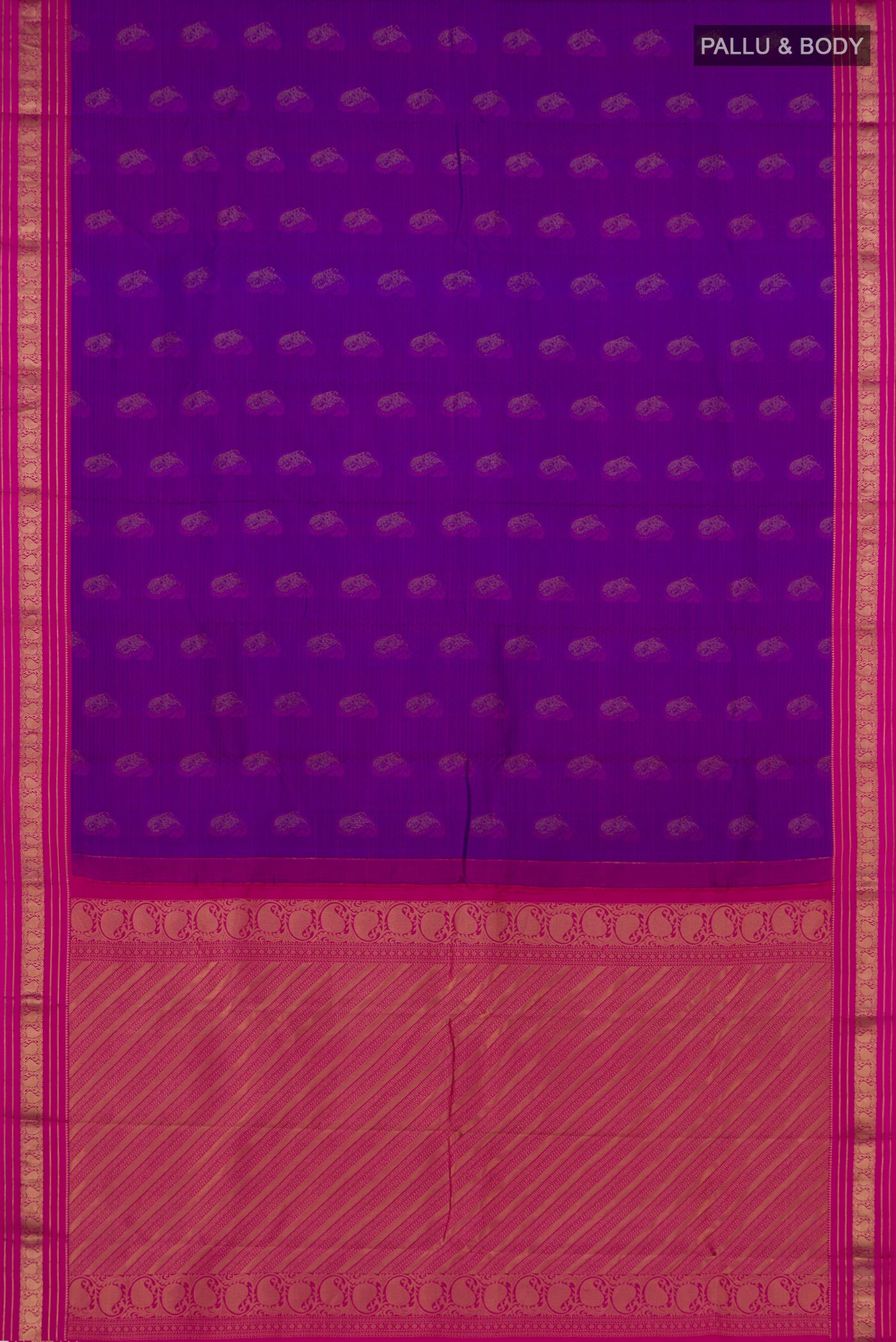 Flat view of Purple Kanchipuram Saree with Jacquard With Zari Butta on the body and Zari Border. 