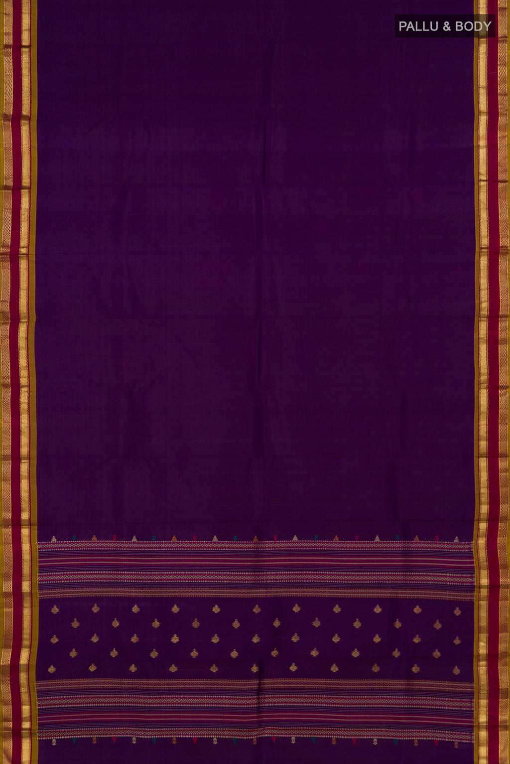 Flat view of Purple Kanjivaram Silk Saree with Plain Body and Zari Border. 