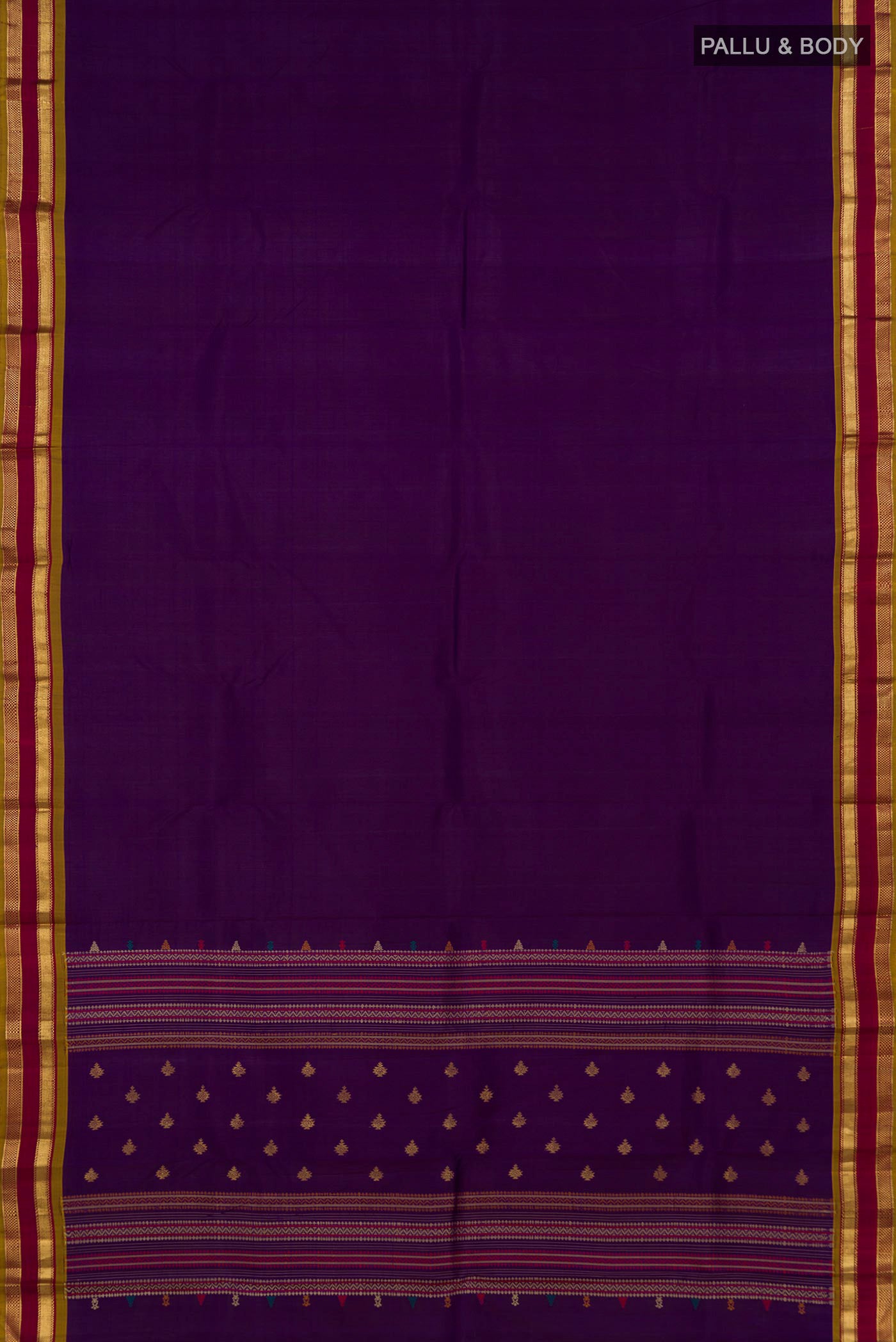 Flat view of Purple Kanjivaram Silk Saree with Plain Body and Zari Border. 
