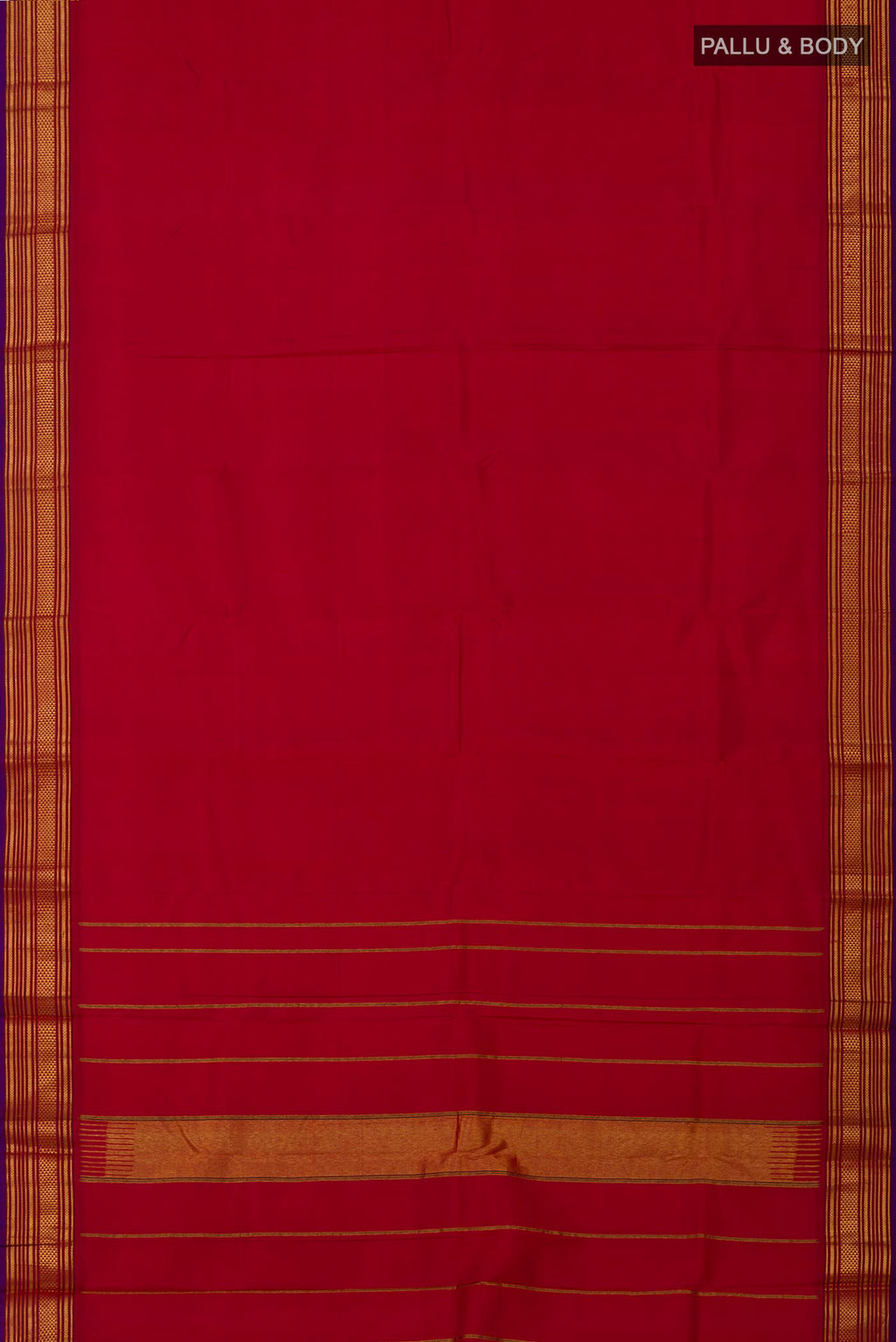 Flat view of Pure Silk Pure Zari Red Kanjivaram Saree with Plain Body and Zari Border. 
