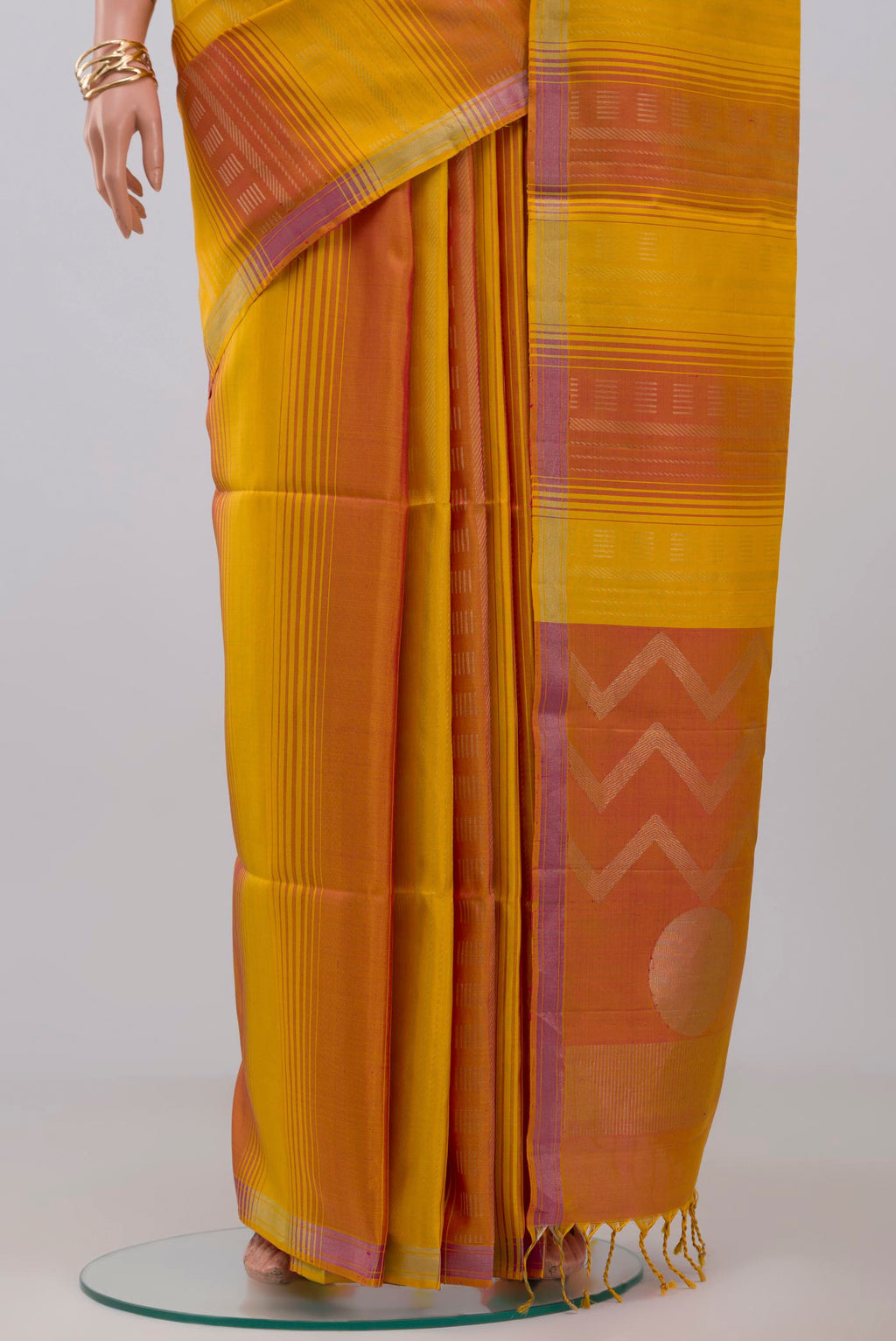 Pleats and pallu of Multi Color Soft Silk Saree with Fancy on the body and Thin Zari Line. 