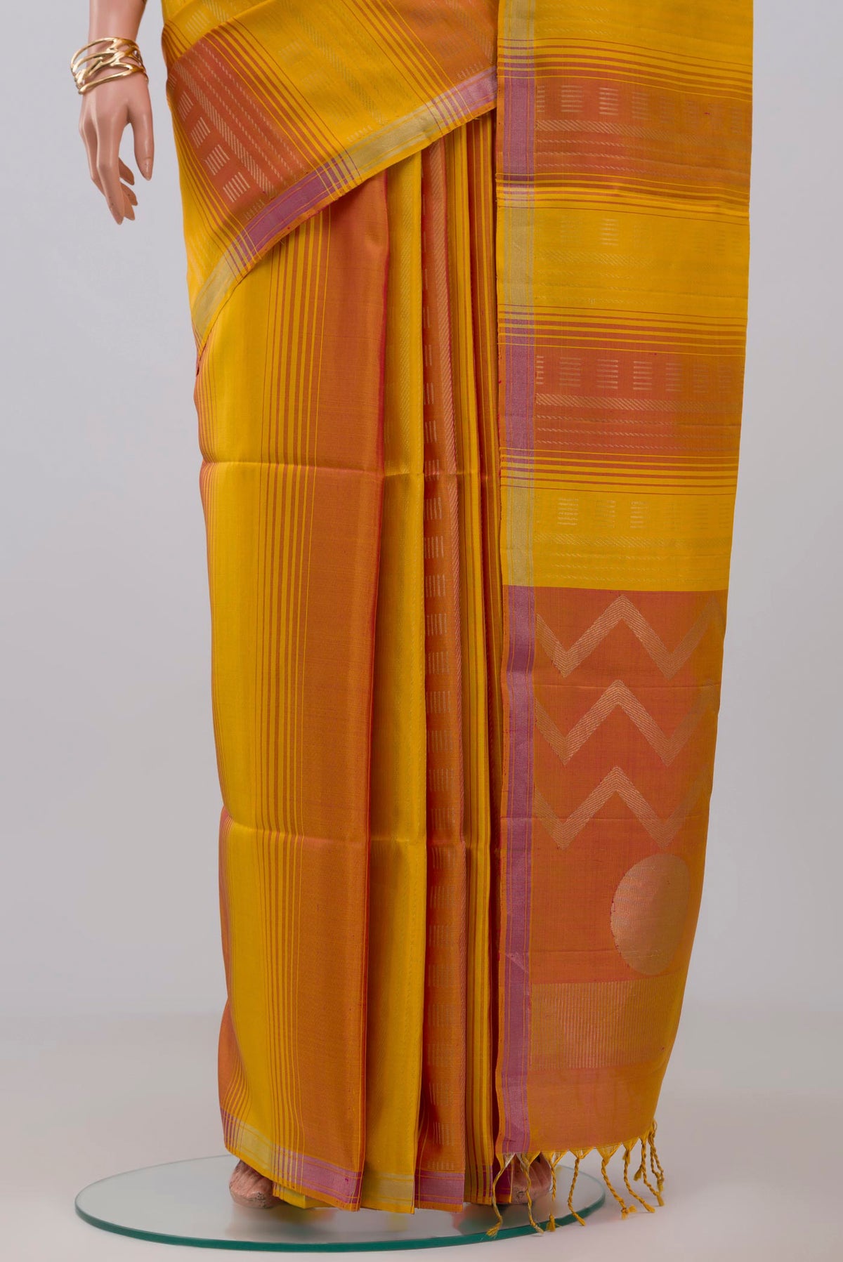 Pleats and pallu of Multi Color Soft Silk Saree with Fancy on the body and Thin Zari Line. 