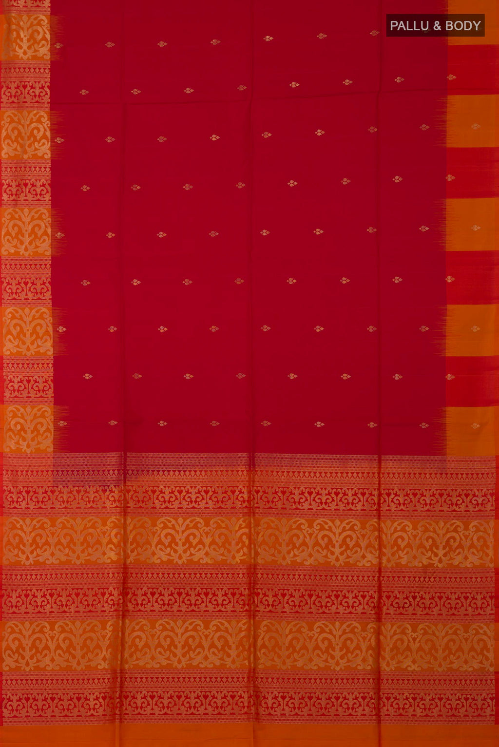 Flat view of Red Soft Silk Saree with Zari Butta on the body and Fancy Border. 