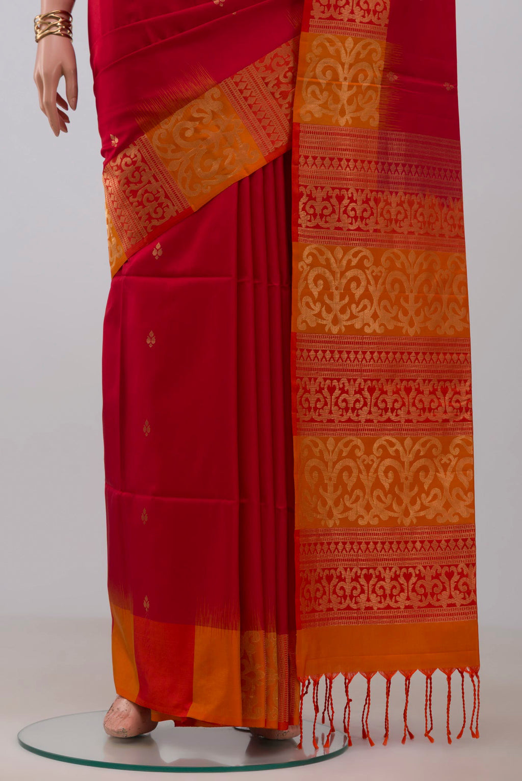 Pleats and pallu of Red Soft Silk Saree with Zari Butta on the body and Fancy Border. 