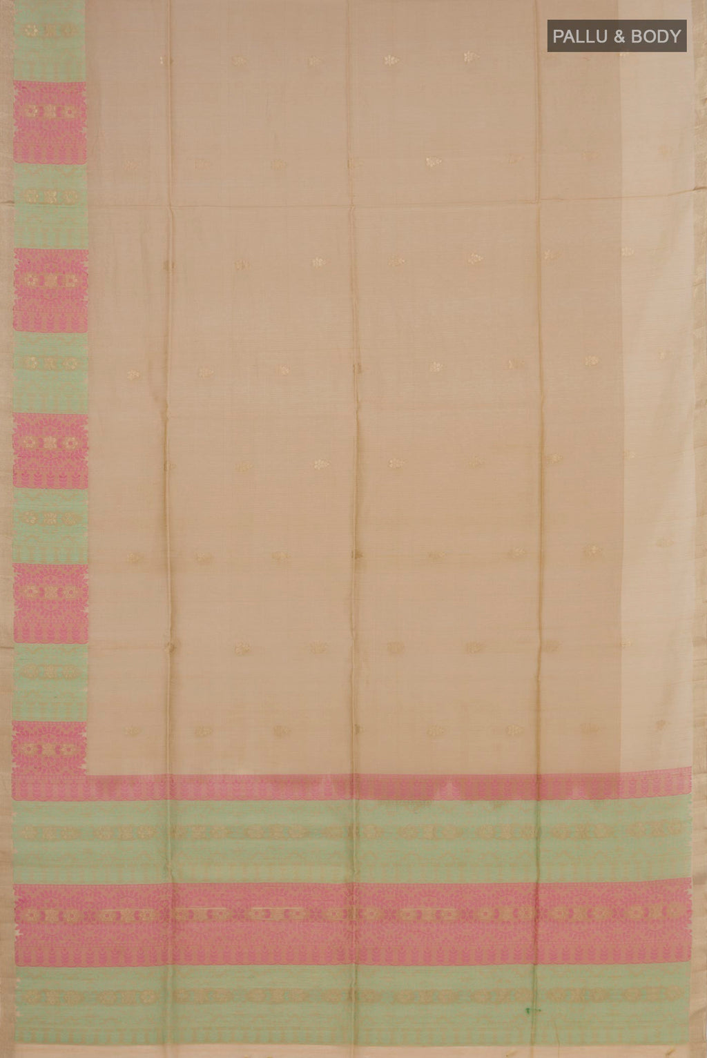 Flat view of Golden Peach Coimbatore Silk Cotton Saree with Zari Butta on the body and Zari Border. 