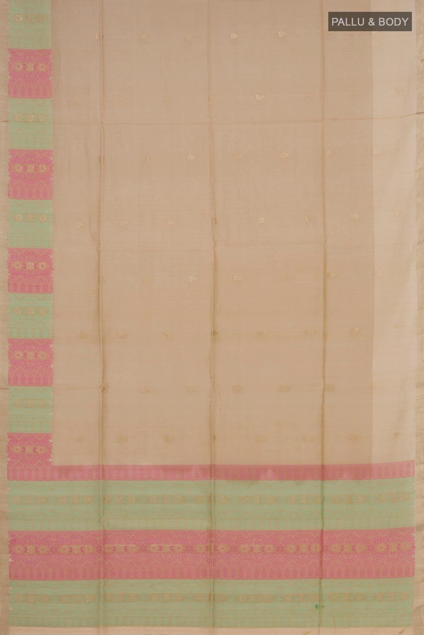 Flat view of Golden Peach Coimbatore Silk Cotton Saree with Zari Butta on the body and Zari Border. 