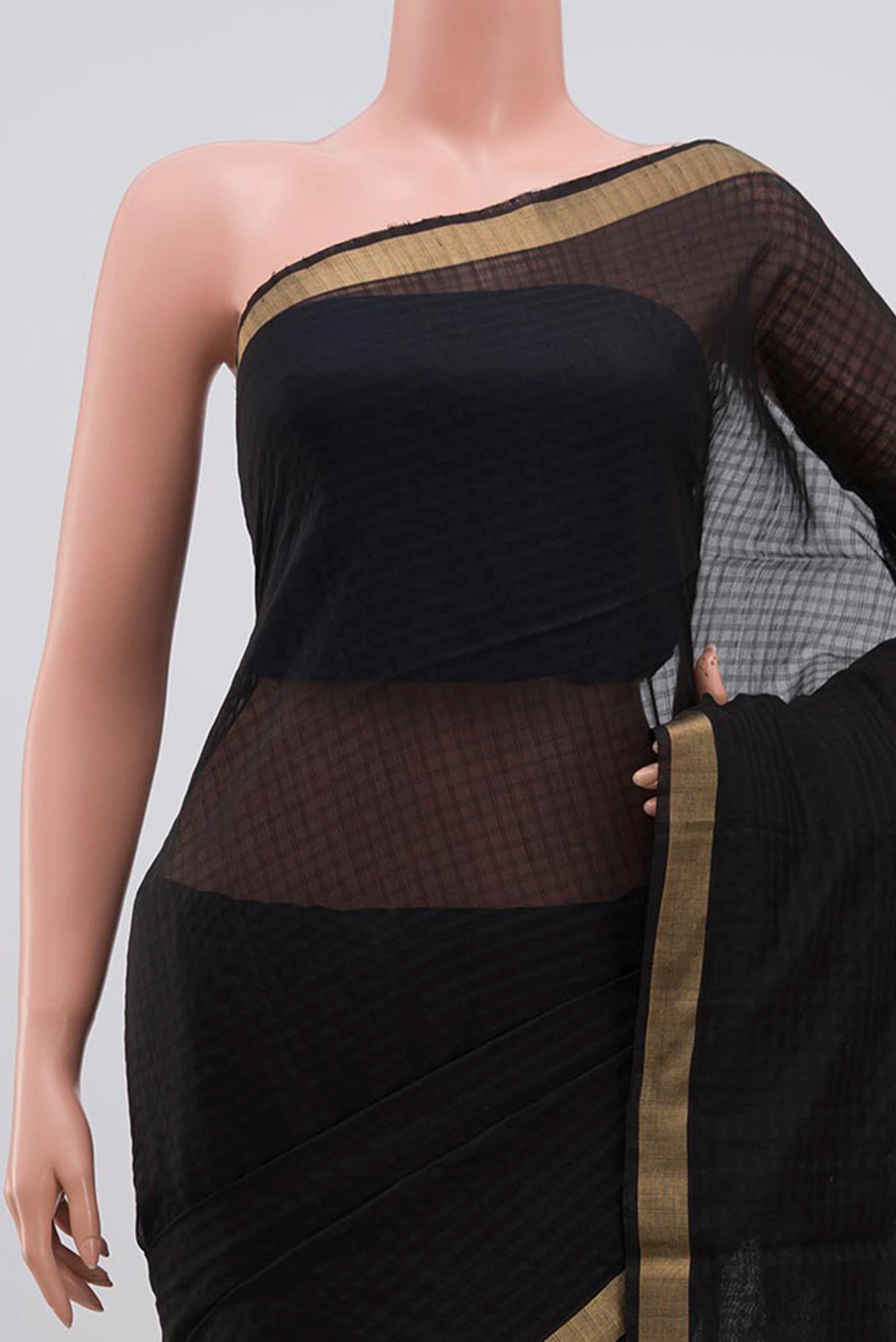 Border image of Black Coimbatore Silk Cotton Saree with Plain Body and Zari Border. 