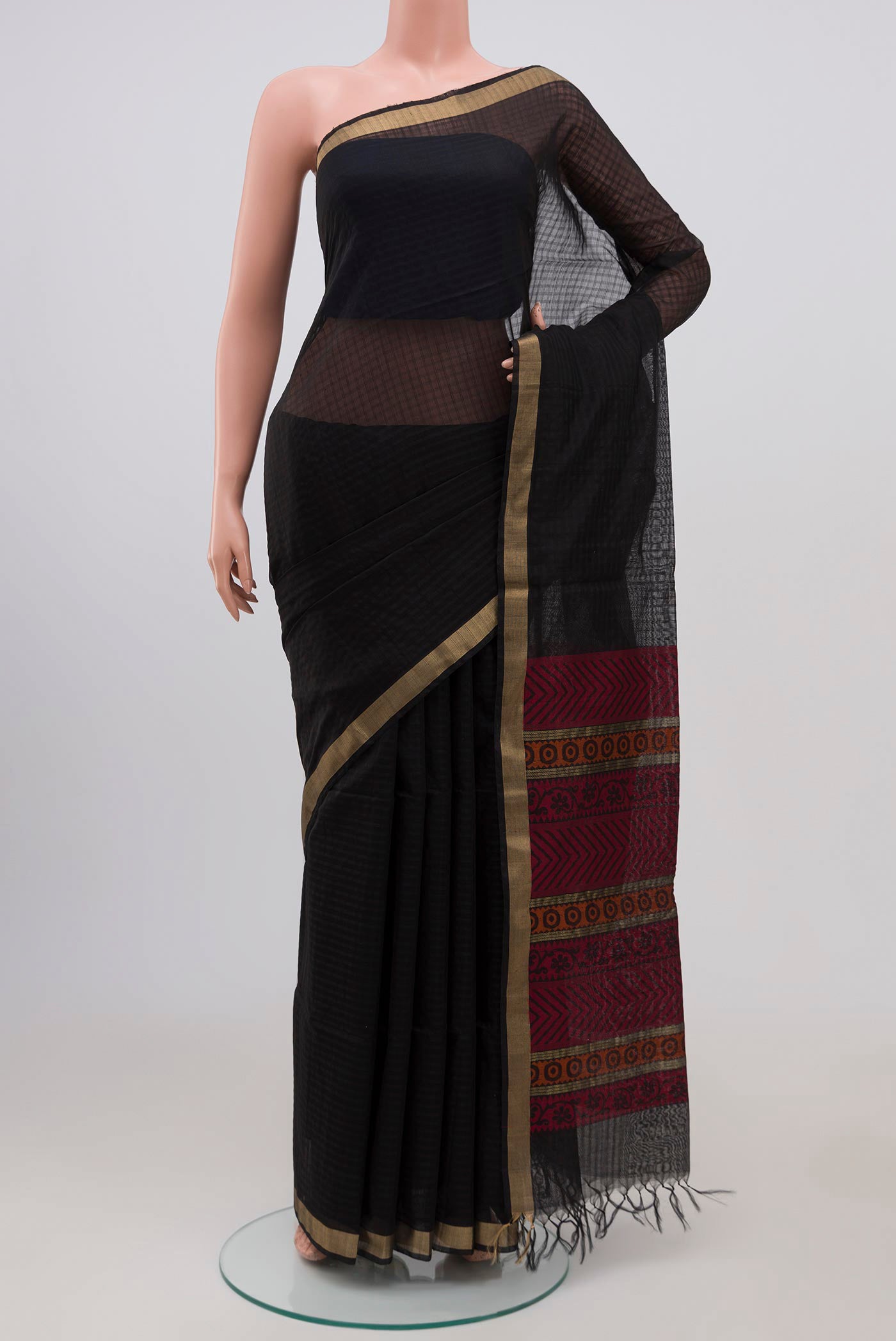 Black Coimbatore Silk Cotton Saree with Plain Body and Zari Border.  displayed on a mannequin