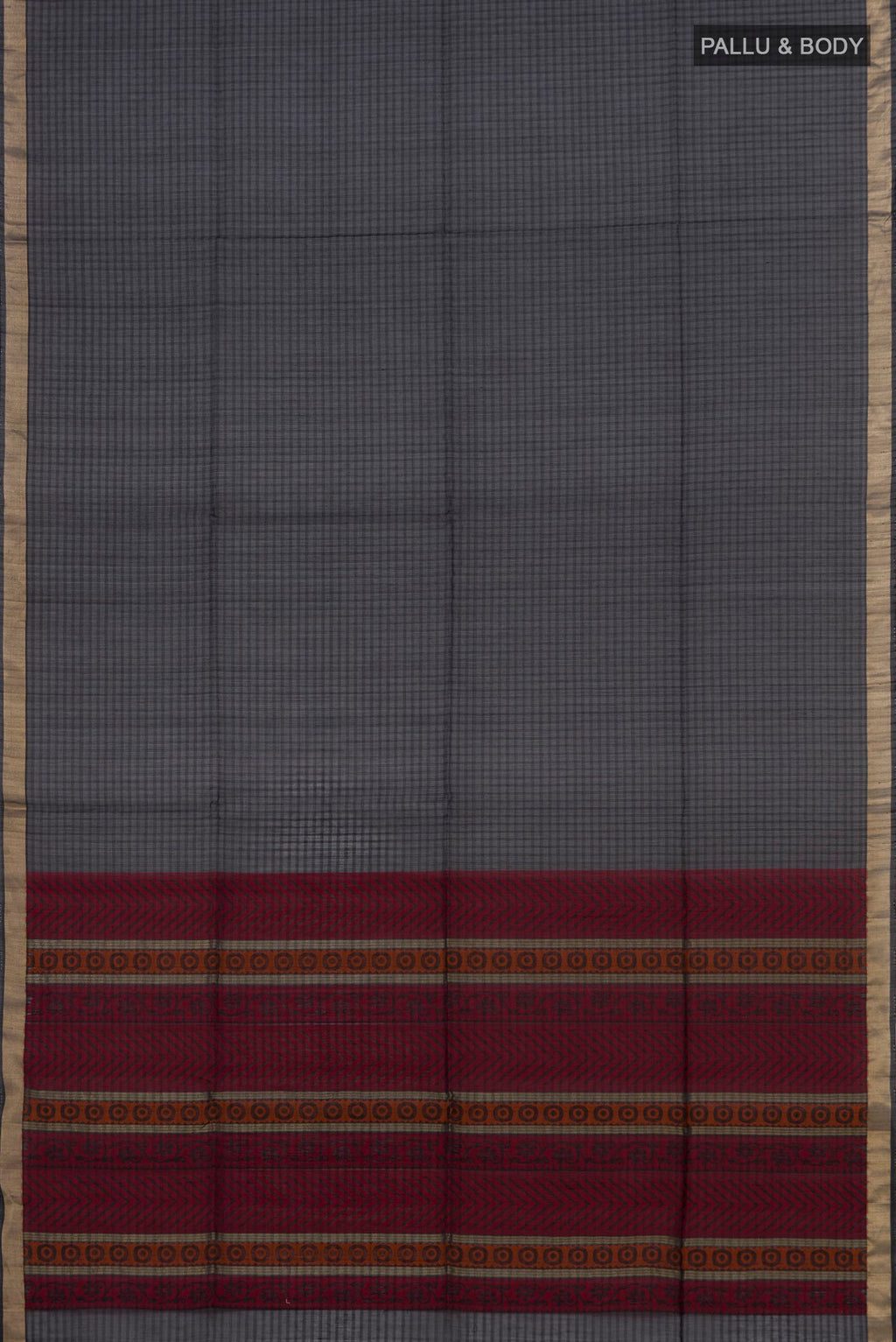 Flat view of Black Coimbatore Silk Cotton Saree with Plain Body and Zari Border. 