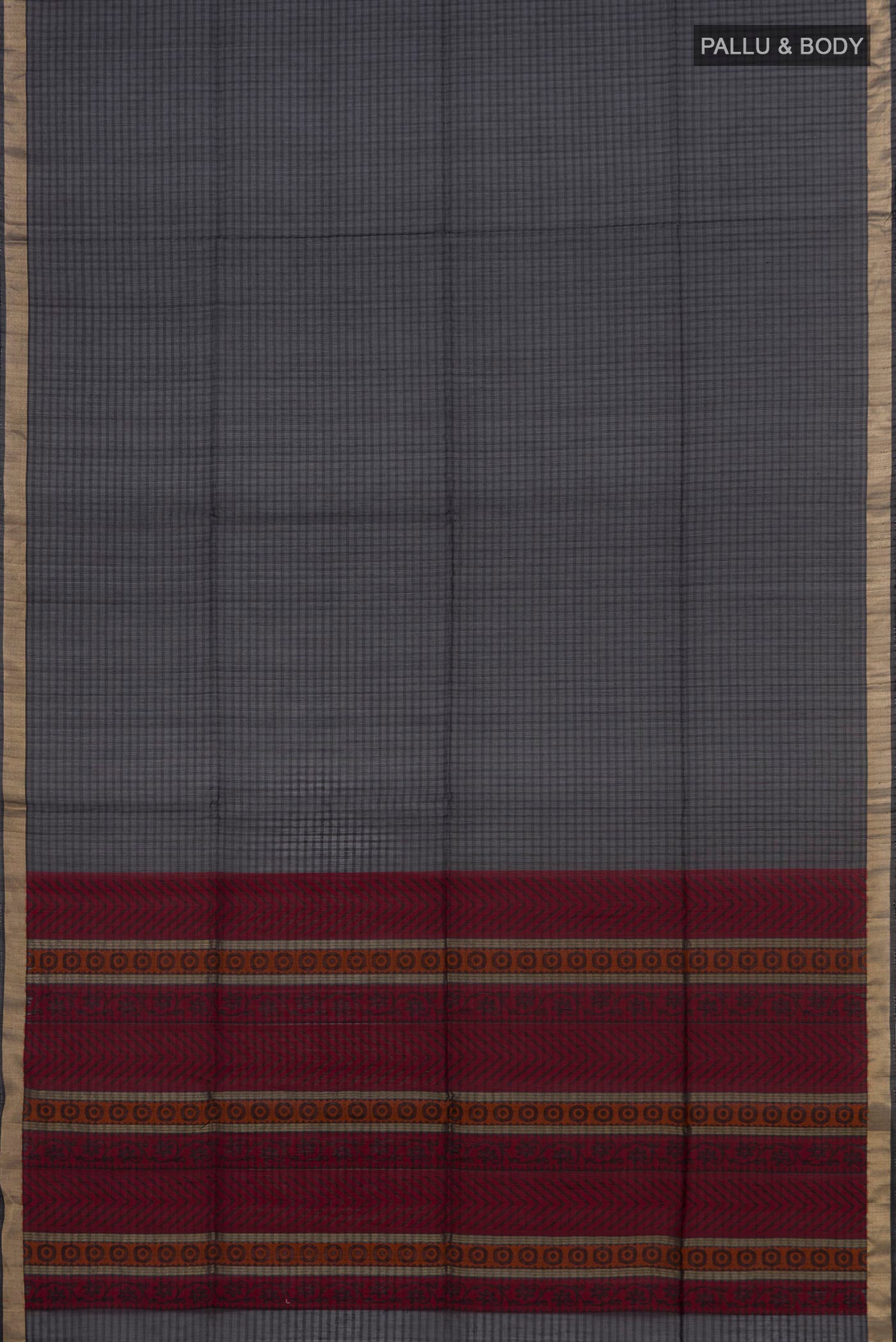 Flat view of Black Coimbatore Silk Cotton Saree with Plain Body and Zari Border. 