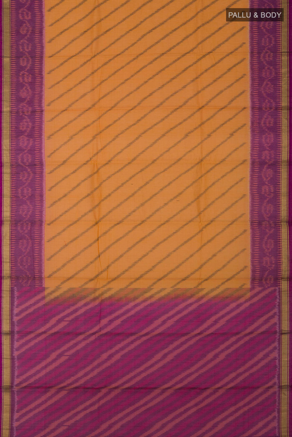 Flat view of Yellow Silk Cotton Saree with Ikat Print on the body and Thin Zari Line. 
