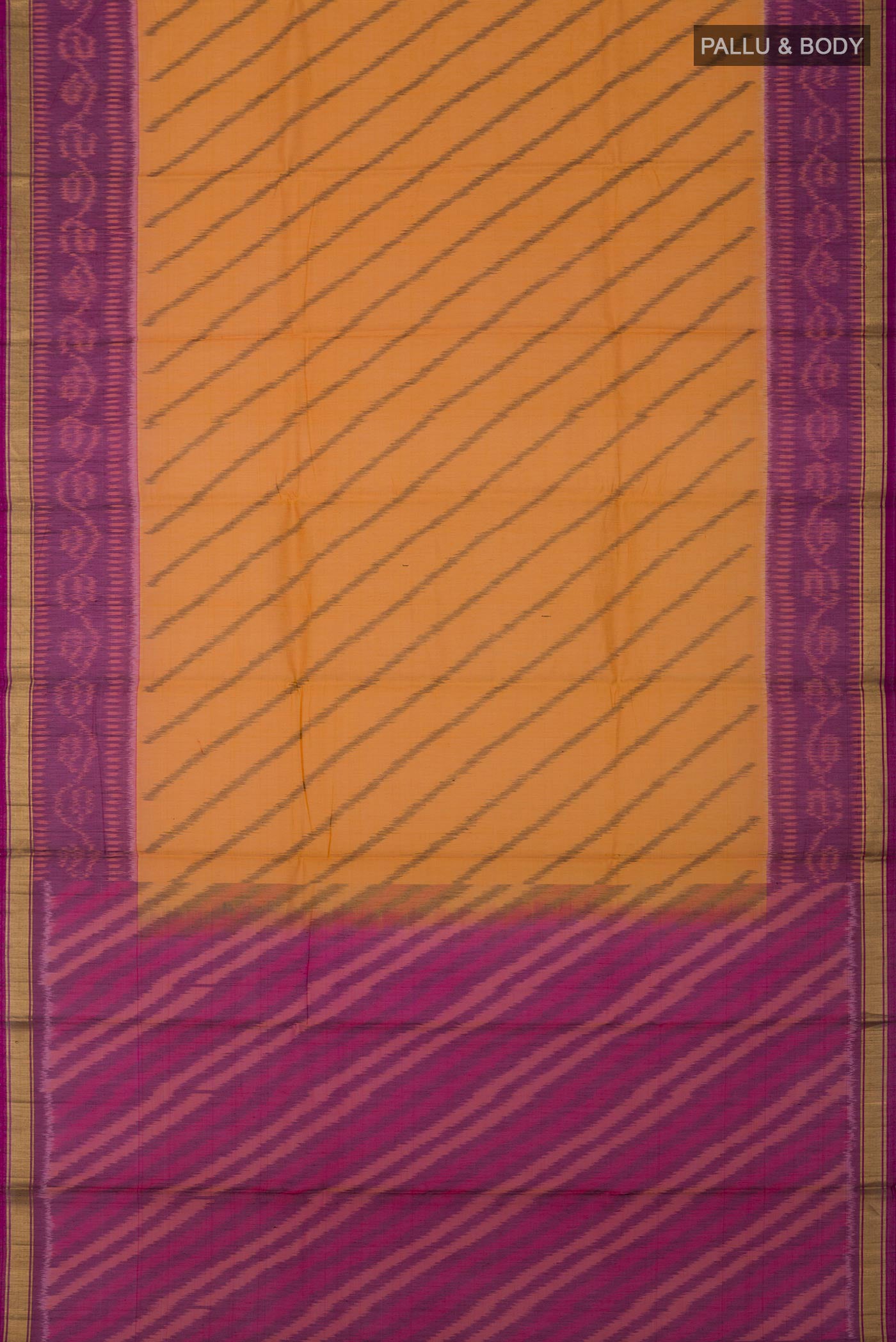Flat view of Yellow Silk Cotton Saree with Ikat Print on the body and Thin Zari Line. 