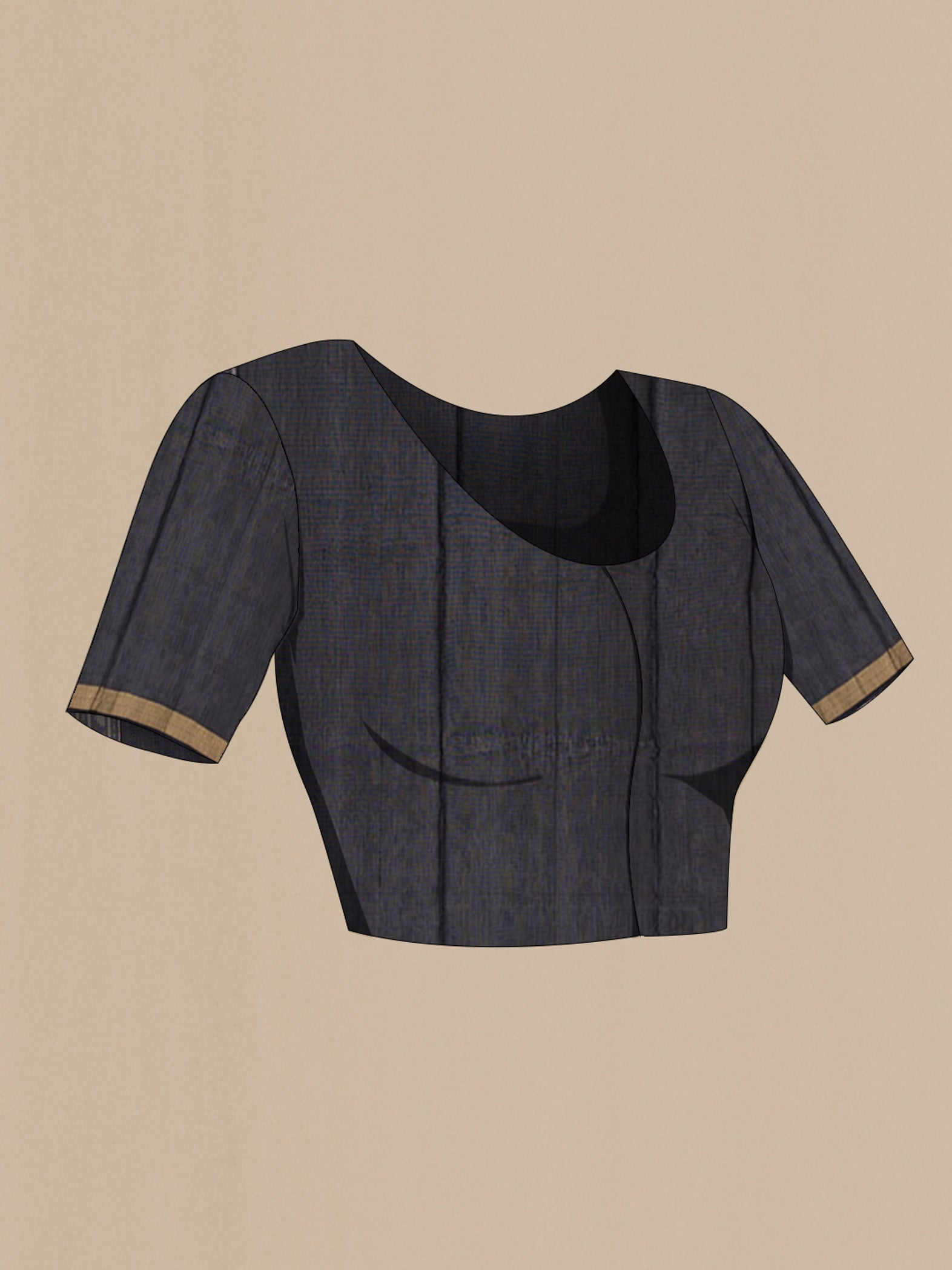 Close up image of the blouse of Black Coimbatore Silk Cotton Saree with Ikat Print on the body and Zari Border. 