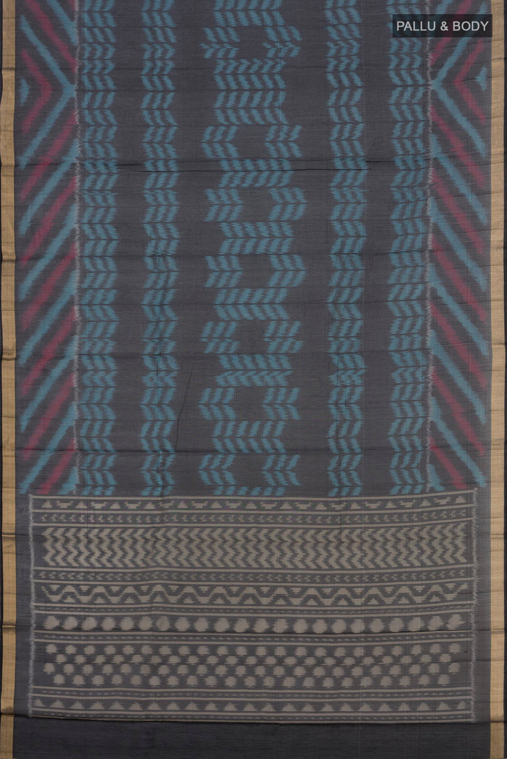 Flat view of Black Coimbatore Silk Cotton Saree with Ikat Print on the body and Zari Border. 