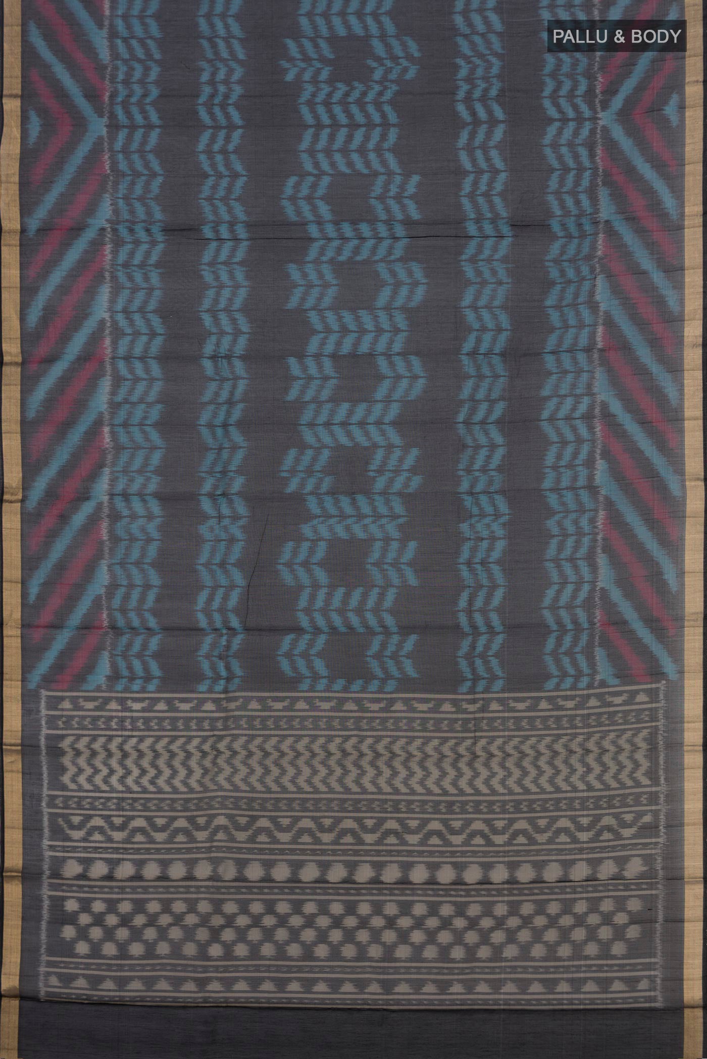 Flat view of Black Coimbatore Silk Cotton Saree with Ikat Print on the body and Zari Border. 