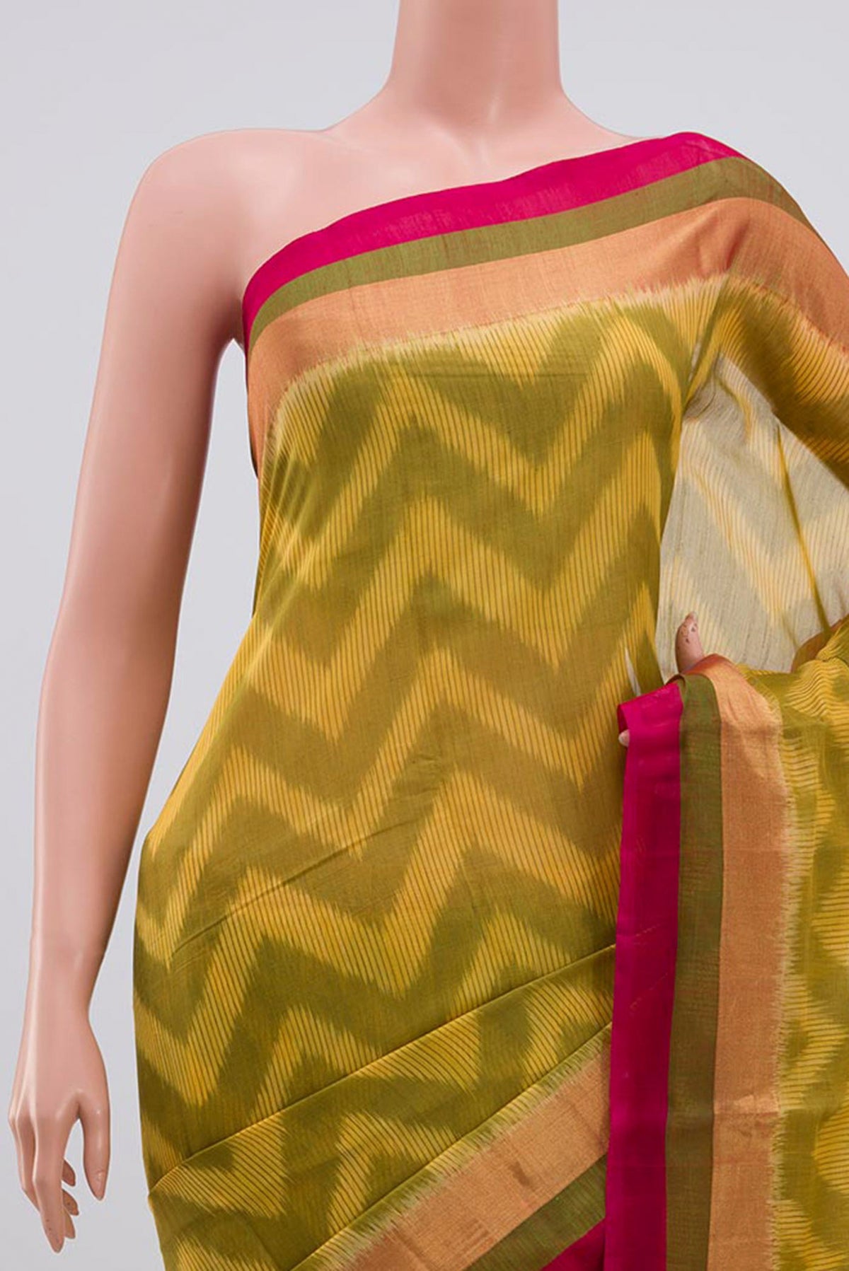 Border image of Yellow Coimbatore Silk Cotton Saree with Ikat Print on the body and Zari Border. 
